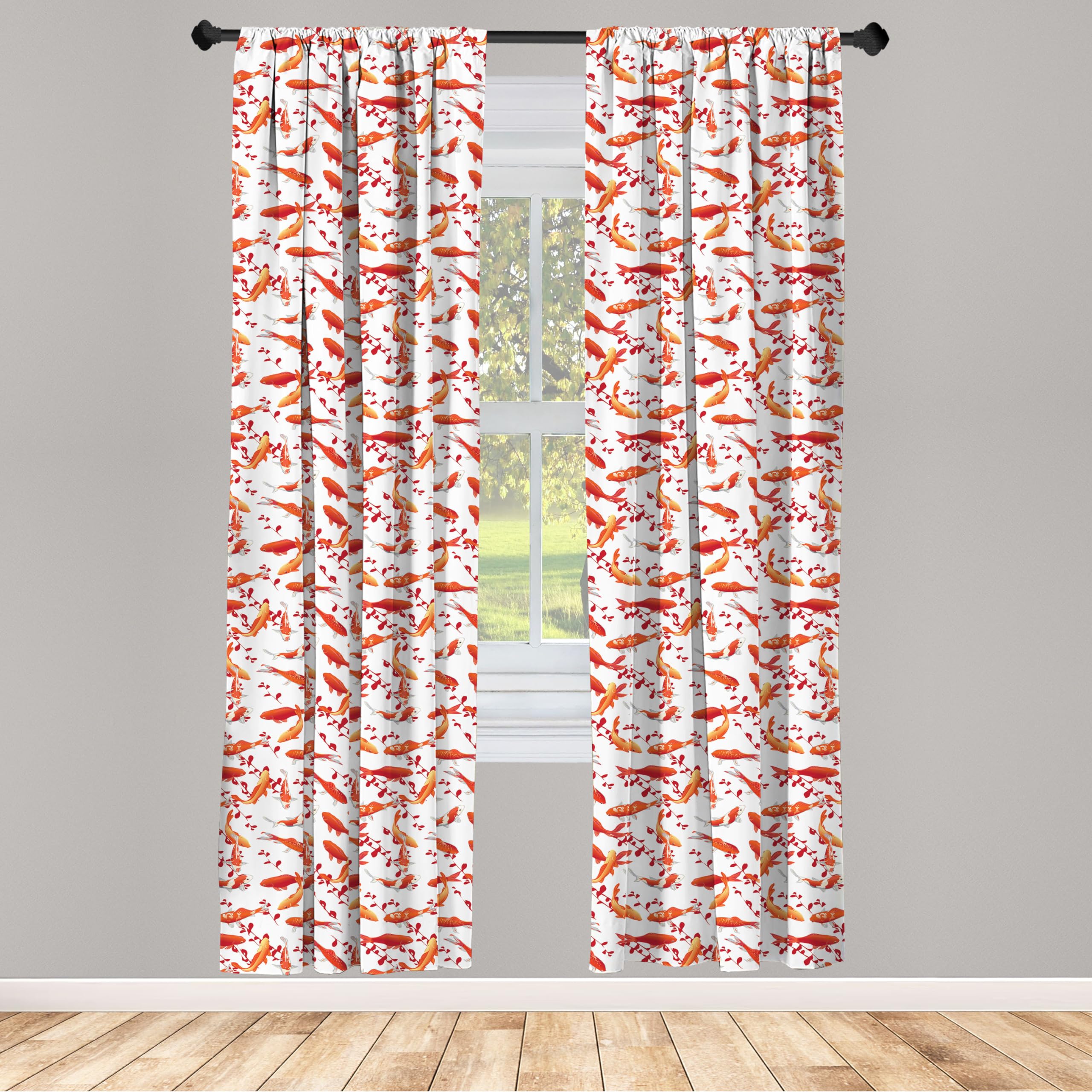 Ambesonne Japanese Fish Curtains - Traditional Aquatic Creatures with Leaves & Branches Abstract Design, 2 Panel Window Treatments for Living Room & Bedroom, 28