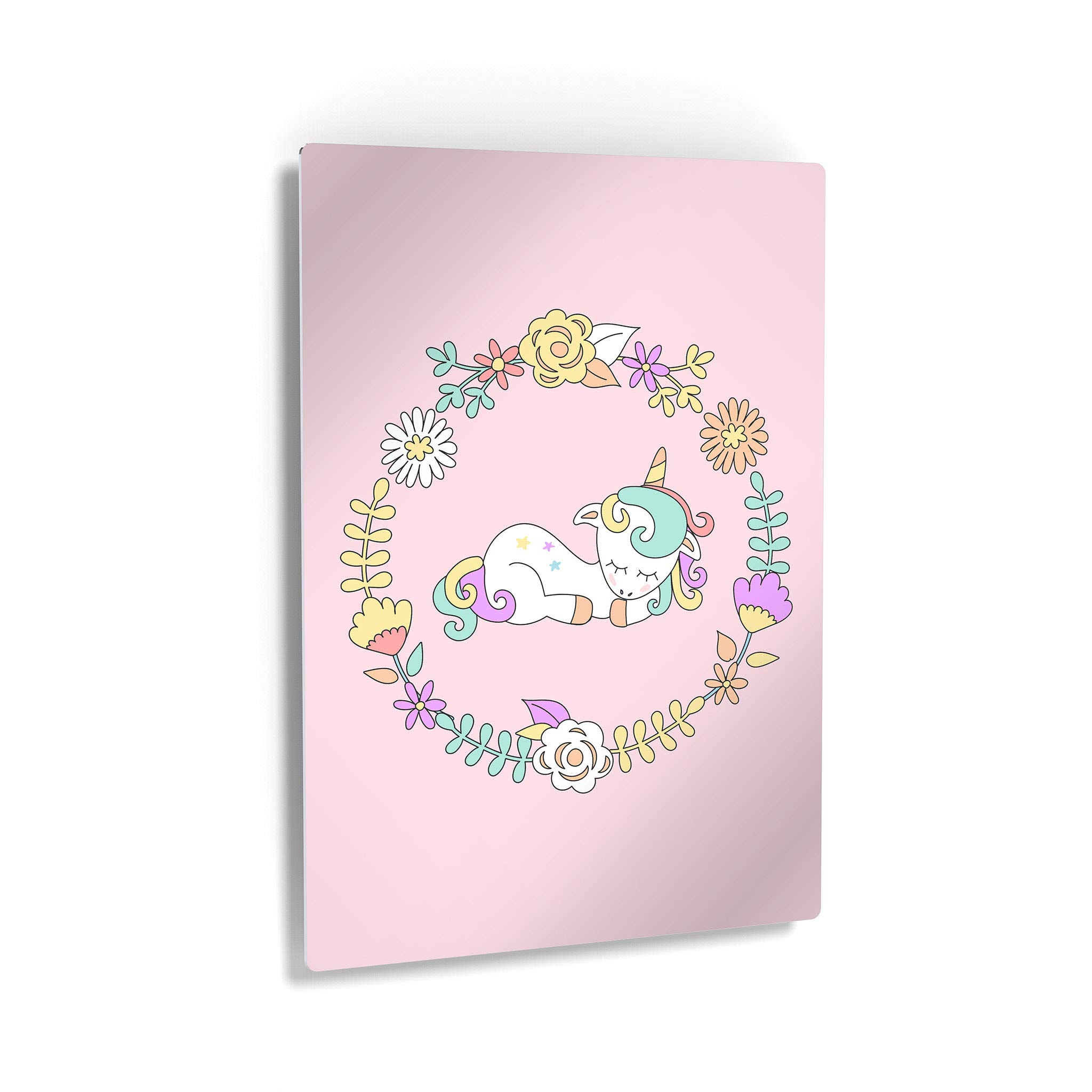 Cute Unicorn Wall Art - Floral Circle Pink Background Metal Print for Kids Room, Nursery & Baby Room Decor | Made in USA 40x30 | Perfect for Birthday Gifts, Baby Showers & Unicorn-Themed Bedrooms
