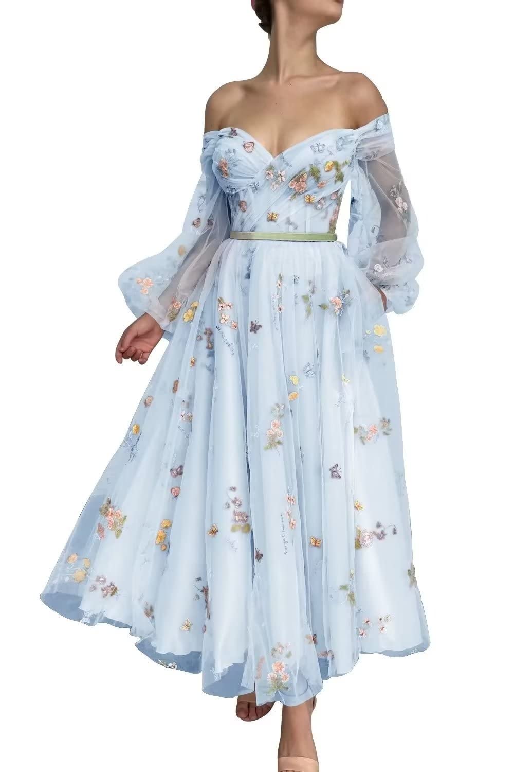 **Eightale Puffy Sleeve Prom Dresses – Elegant Tulle Off-The-Shoulder Gown with Floral Embroidery & Pockets for Homecoming, Wedding & Party**    (Note: 