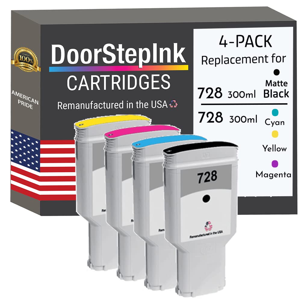 HP 728 Ink Cartridge Set - 300ml Matte Black, Cyan, Magenta & Yellow | Remanufactured in USA | Compatible with DesignJet T730 36