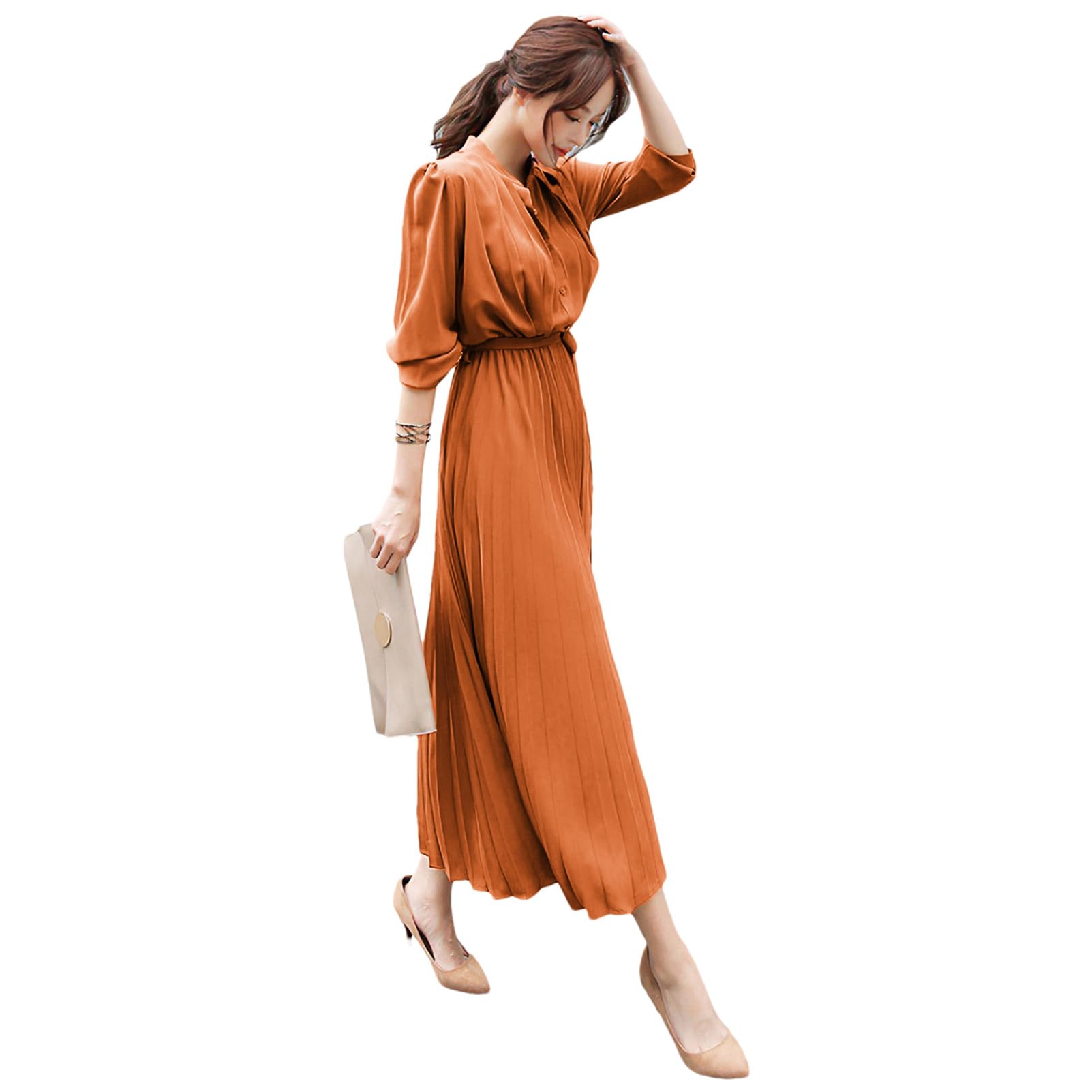 Women's Pleated Long Sleeve Maxi Dress - Loose Fit Casual Dress with Tie Waist - Perfect for Spring, Summer, Beach, Vacation & Everyday Wear
