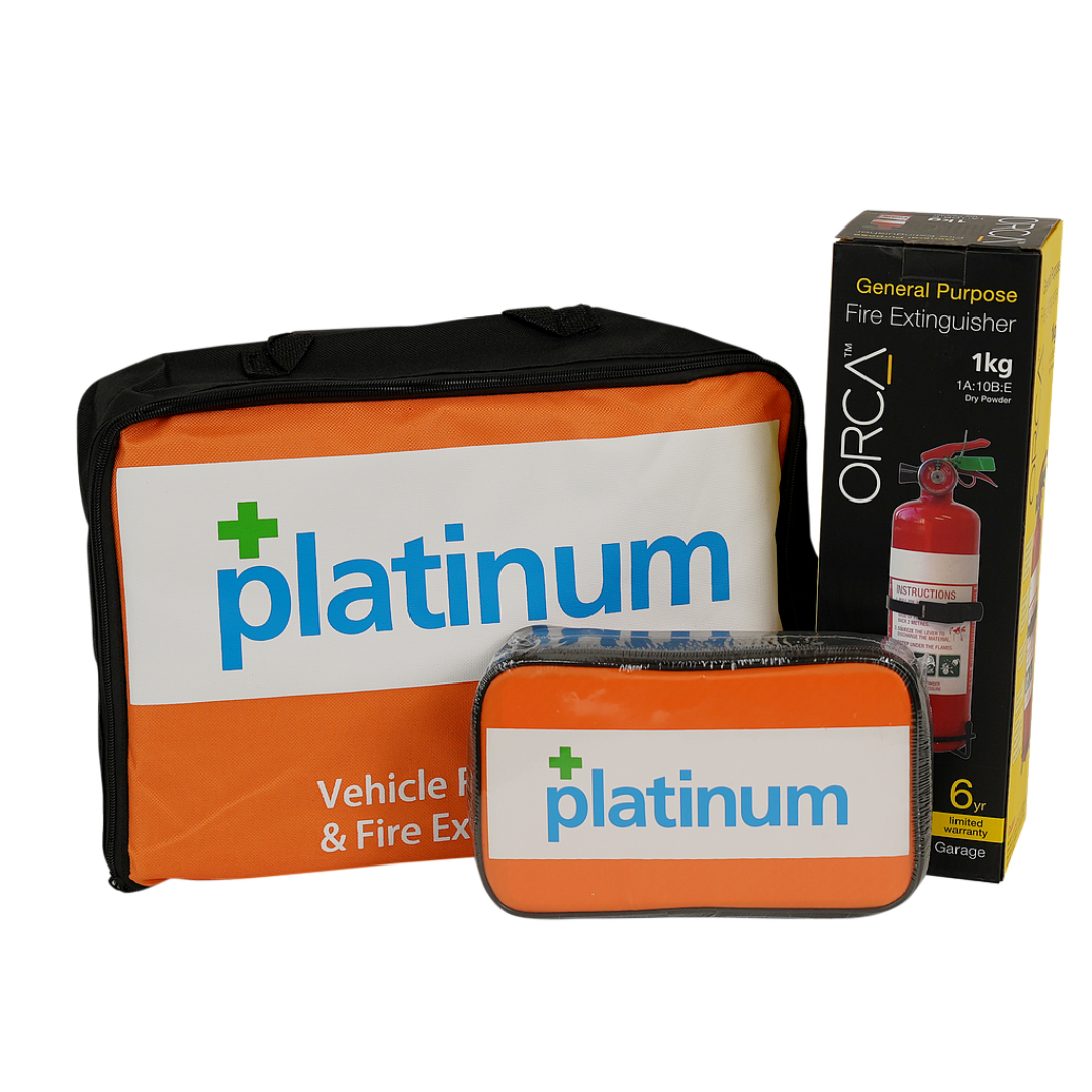 Platinum Vehicle & Fire Extinguisher First Aid Kit - Emergency Car Safety Kit for Roadside Accidents, Camping, and Home Use
