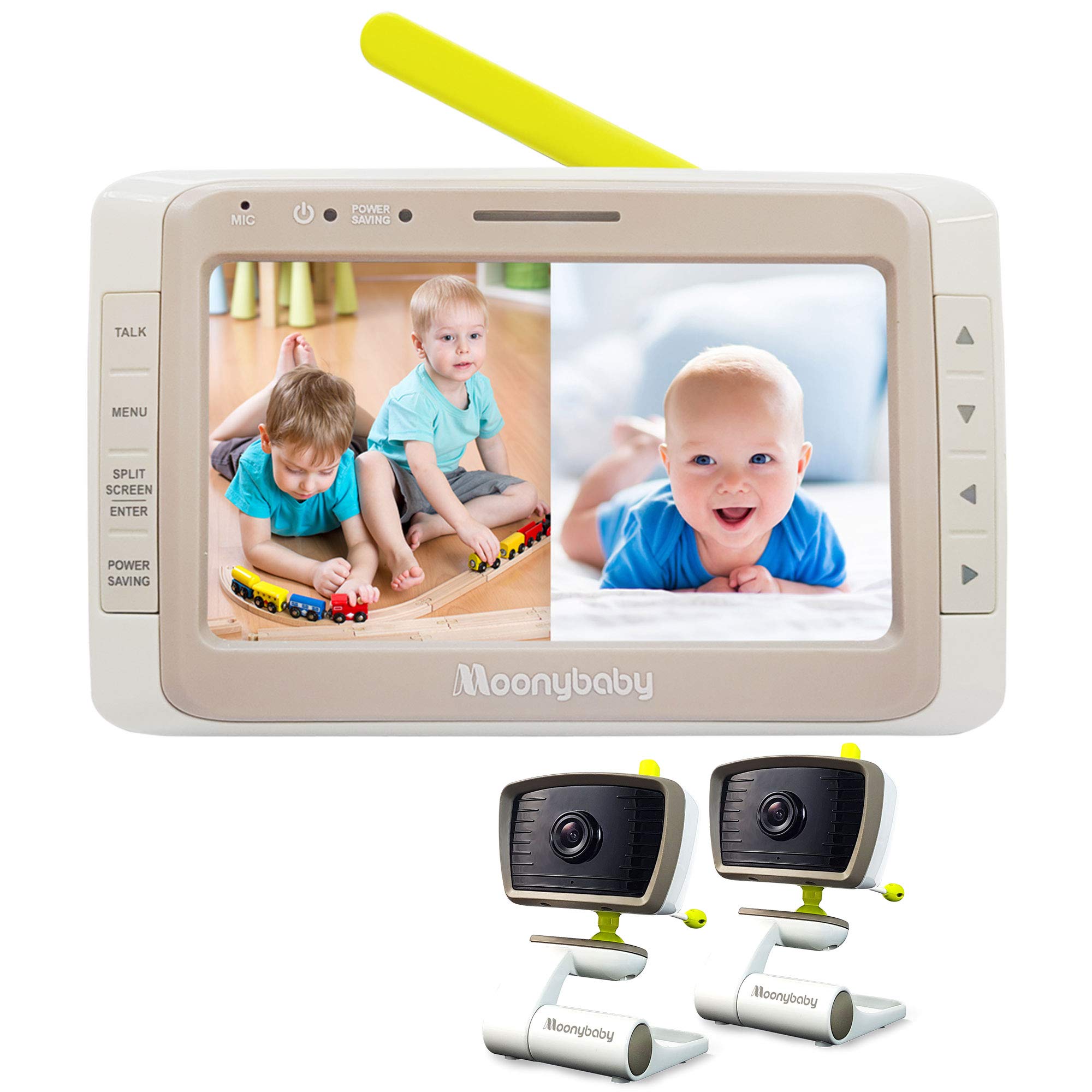 Moonybaby WideView Baby Monitor with 2 Cameras - Twin Baby Monitor with Large Display, Screen Split, Auto Night Vision & Zoom | No WiFi Needed | Sound Activated, Temperature Alert | Long Range for Nursery, Bedroom & Playroom Monitoring