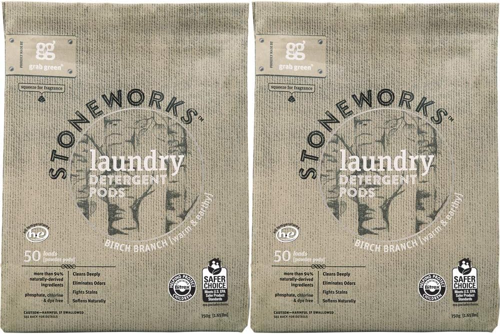 Grab Green Stoneworks Laundry Detergent Pods 100 Count - Plant-Based & Mineral-Powered Deep Cleaning Pods with Fresh Birch Branch Scent | Eliminates Odors & Stains | Perfect for HE Washers, Baby Clothes & Sensitive Skin | Eco-Friendly Laundry Solution for Busy Families