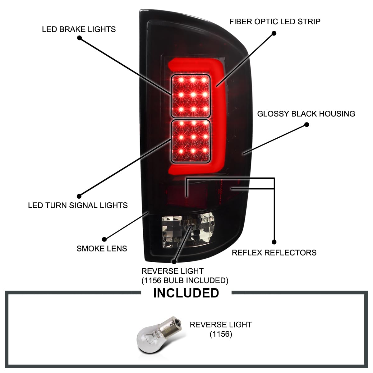 Spec-D Tuning Glossy Black Smoke LED Tail Lights for 2002-2006 Dodge Ram 1500/2500/3500 - Left & Right Pair Assembly - Enhanced Visibility & Style for Night Driving & Custom Truck Builds