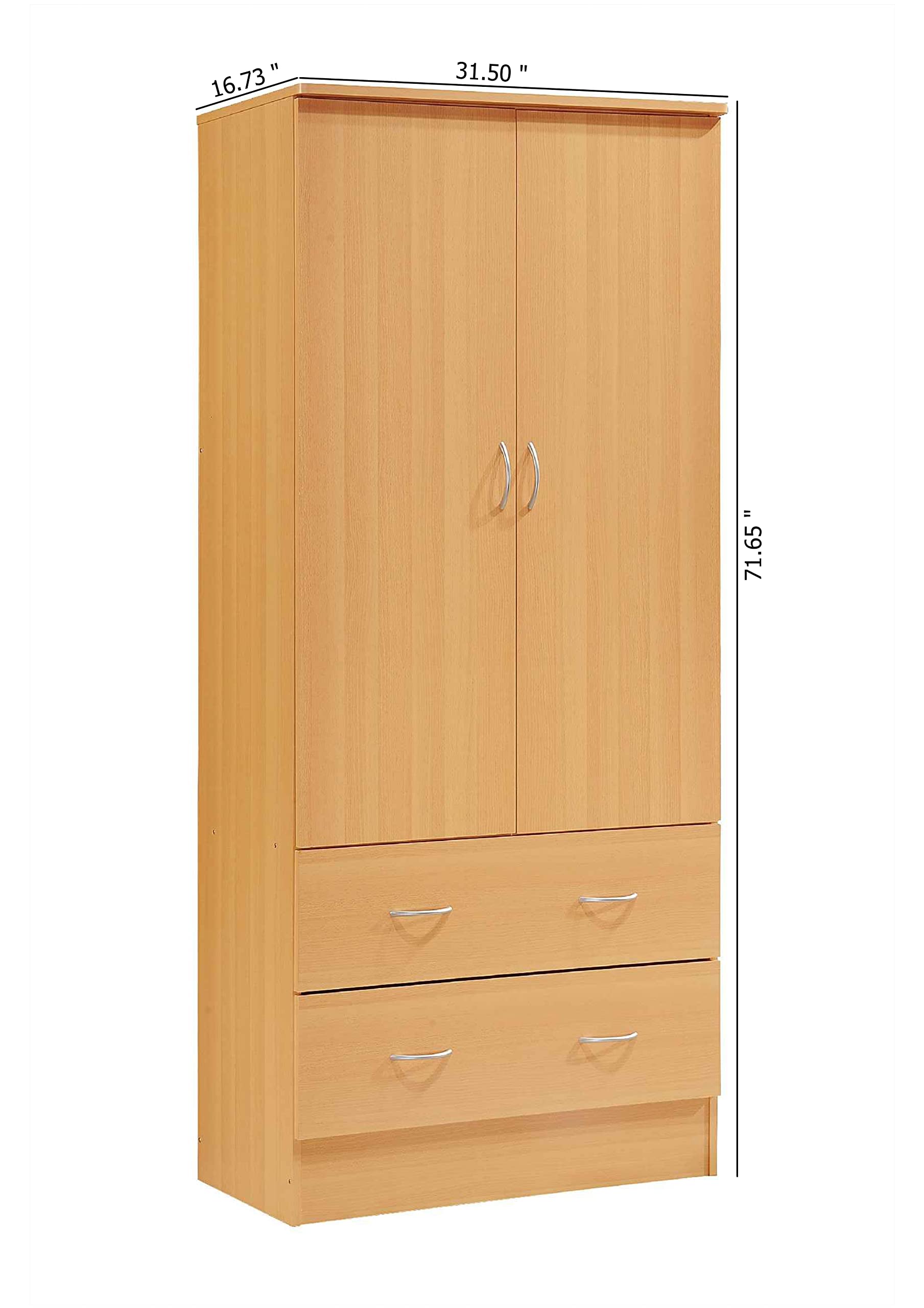 HODEDAH 2 Door Wood Wardrobe Closet with Clothing Rod & 2 Storage Drawers - Beech Finish for Bedroom Organization & Clothes Storage