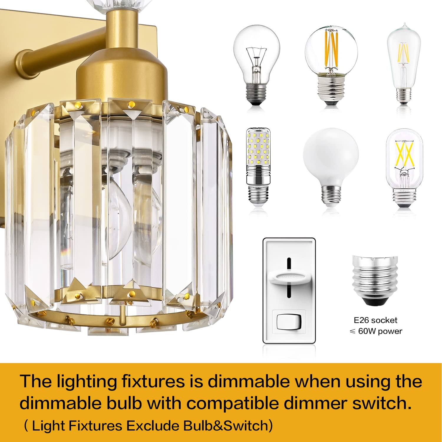 Modern Crystal Bathroom Vanity Light - 4-Light Gold Vanity Lighting for Mirror - Elegant Wall Fixture for Bathroom, Bedroom & Dressing Room