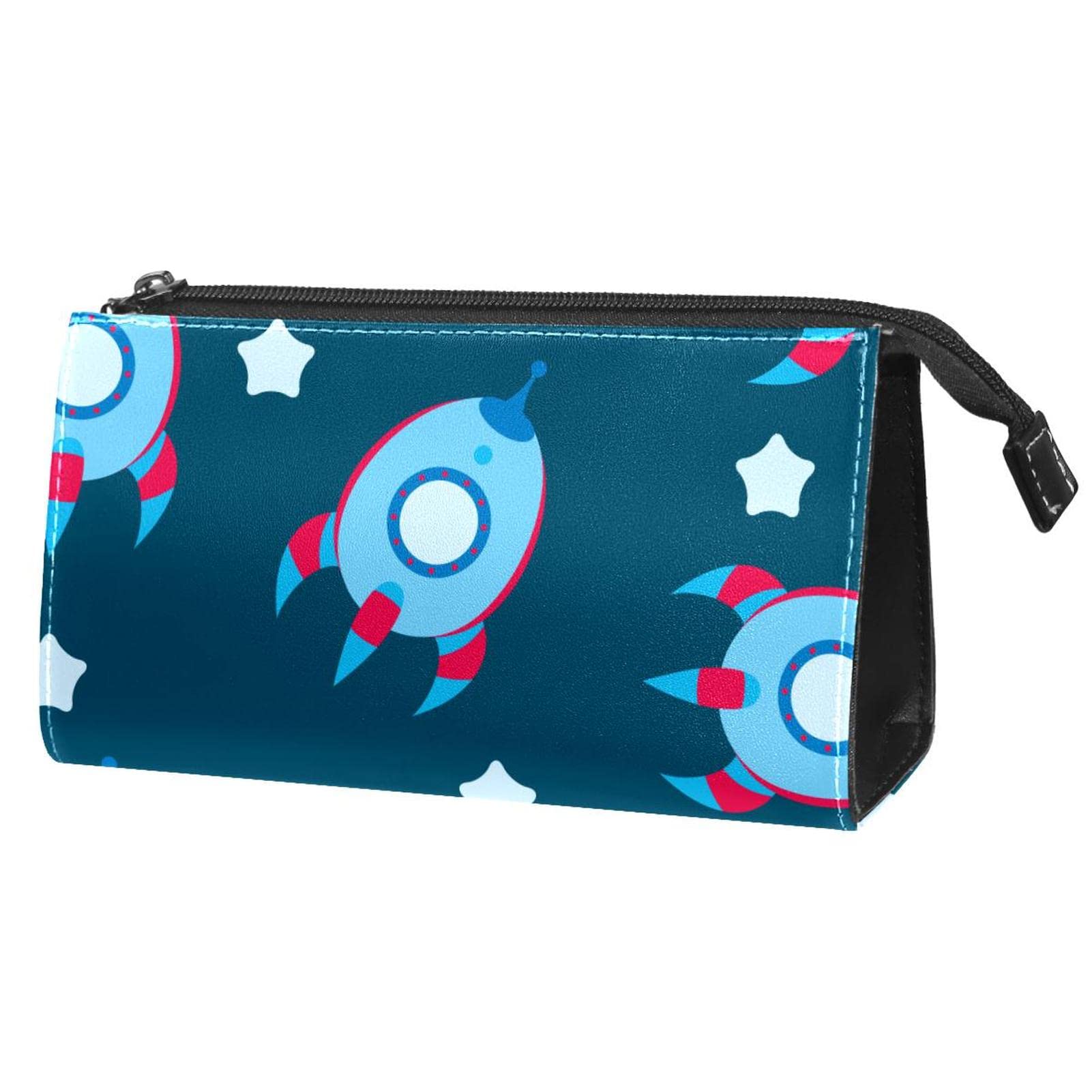 Galaxy Spaceship Rocket Pattern Leather Cosmetic Bag - Medium Triangle Makeup Pouch for Travel, School & Daily Use - Bulk Pencil Case & Fluffy Storage Organizer (Compact Size)