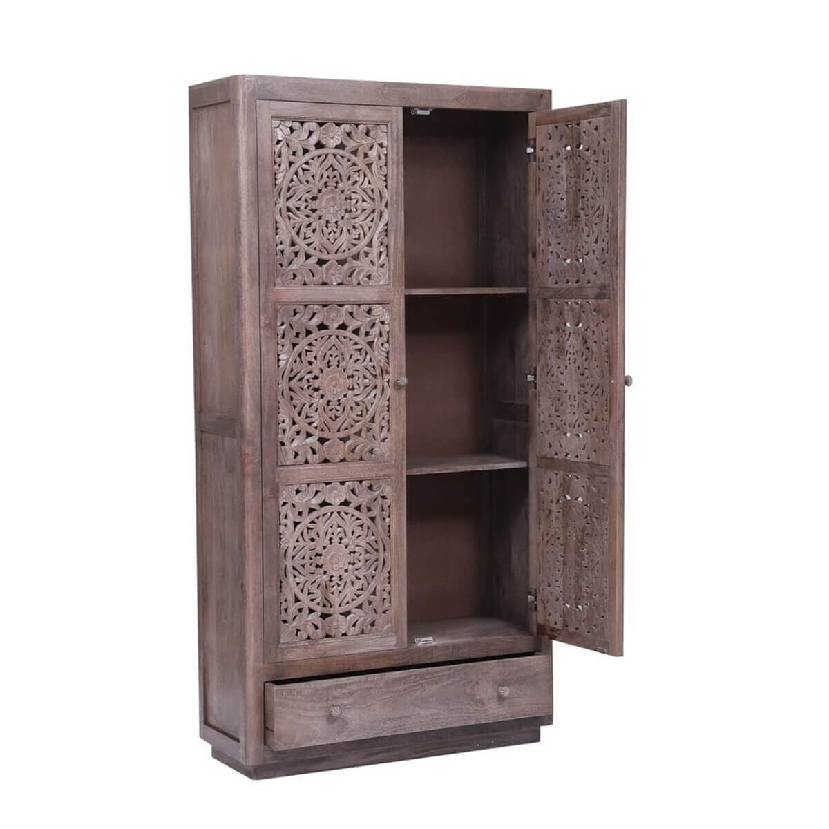 Hand Carved Reclaimed Wood Cabinet with Shelves and Drawers - Rustic Indian Furniture for Living Room, Bedroom & Kitchen Storage