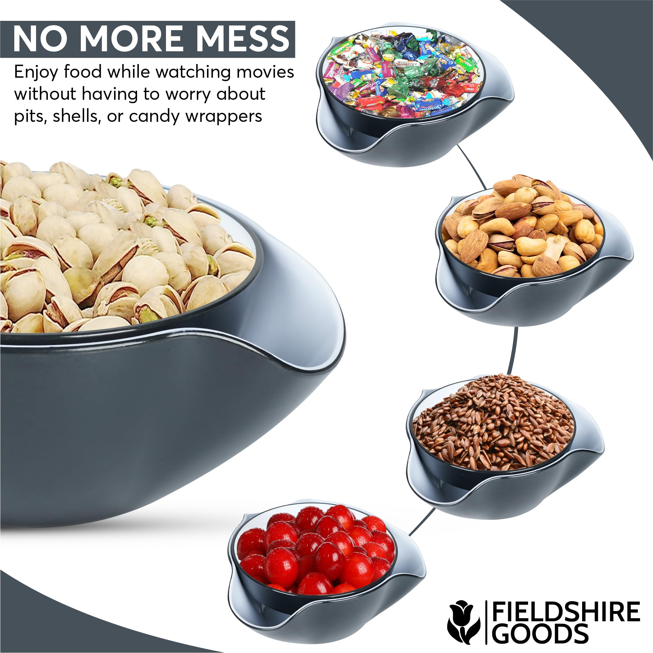 Premium Pistachio Bowl - Double Dish Nut & Snack Serving Bowl with Shell Storage - Perfect for Pistachios, Peanuts, Popcorn, Fruits & Candy - Ideal for Parties, Movie Nights & Family Snack Time - Black & White Design