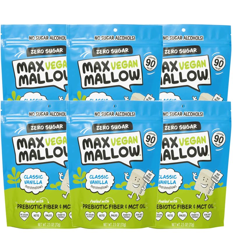 Max Mallow Vegan Sugar-Free Marshmallows - Keto Friendly, Gluten Free, Zero Sugar, Classic Vanilla (6 Pack) | Perfect for S'mores, Hot Chocolate, Baking & Low-Carb Desserts