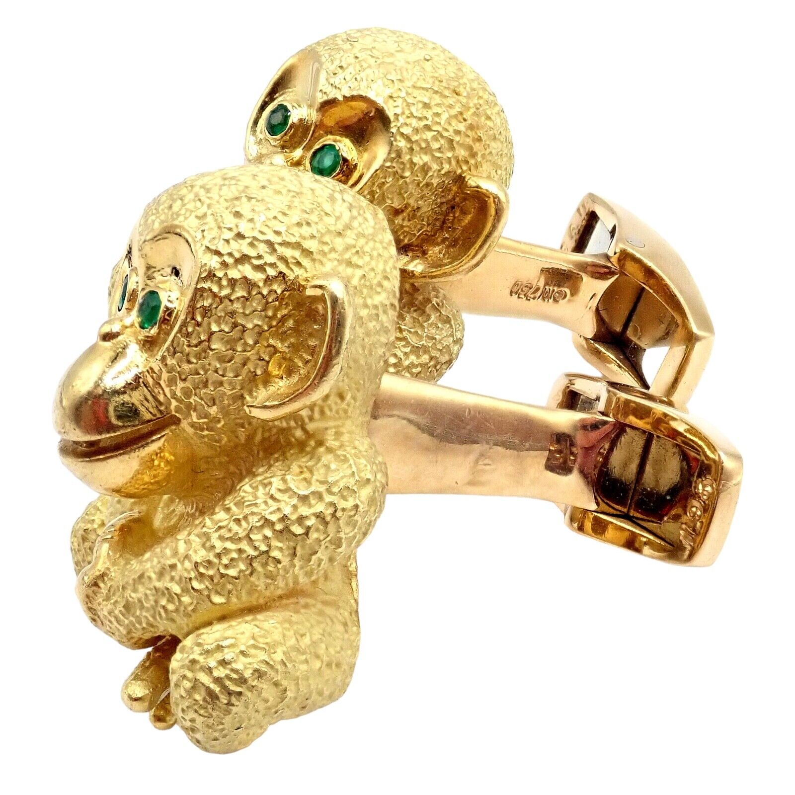 Authentic 18k Yellow Gold Emerald Whimsical Monkey Cufflinks by Kurt Wayne - Perfect for Weddings, Formal Events & Gift Giving