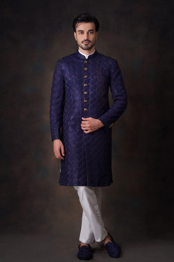 Jashan Midnight Blue Embroidered Sherwani Set for Men | Traditional Indian Wedding Outfit | Perfect for Groom, Festivals & Special Occasions