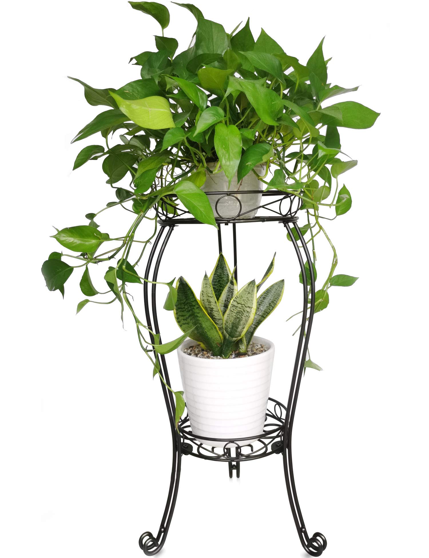 2 Tier 28.4 Inch Tall Metal Plant Stand - Set of 2 Indoor/Outdoor Flower Pot Holder with 6 Inch Height - Perfect for Balcony, Patio, Garden Decor and Home Plant Display