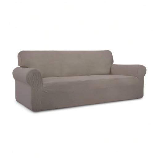 PureFit Stretch Sofa Slipcover - Washable Jacquard Spandex Non-Slip Couch Cover with Elastic Bottom & Non-Skid Foam, Furniture Protector for Living Room, Kids & Pets (Taupe) - Perfect for Home Decor, Pet Owners & Families with Children