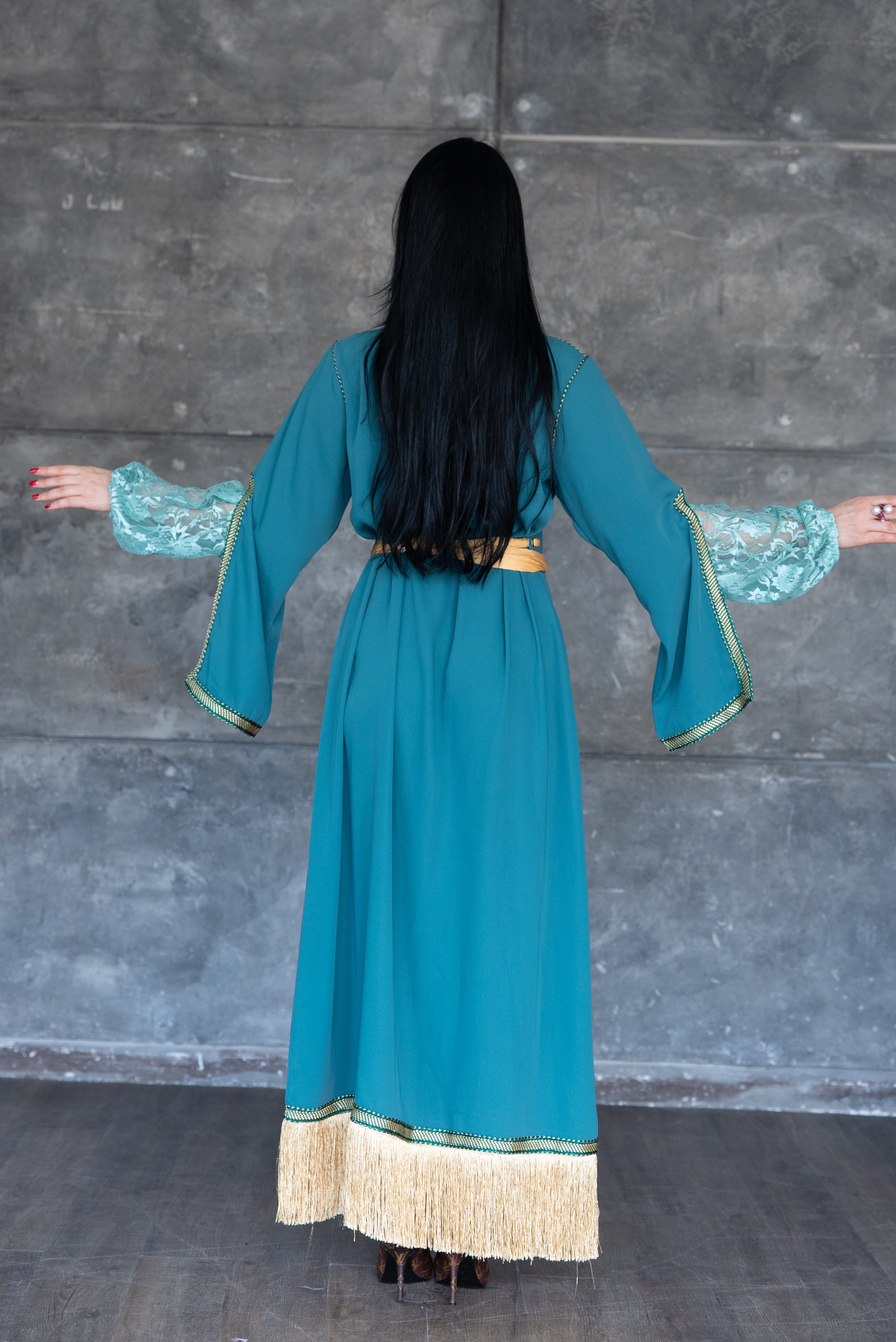 Elegant Teal Embroidered Caftan Dress with Gold Fringe Trim - Perfect for Beach Cover-ups, Boho Parties & Summer Vacations