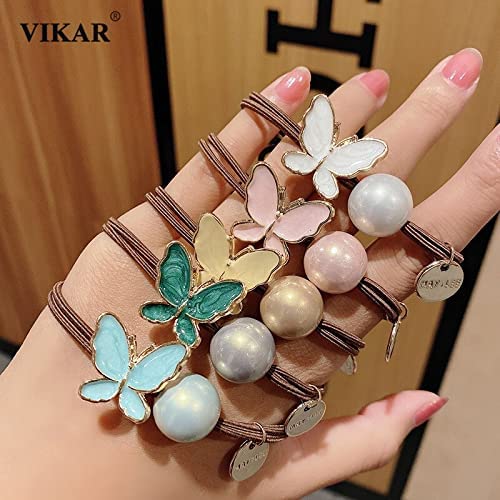 5PCS Pearl Butterfly Hair Ties for Women & Girls - Elegant Scrunchie Elastic Hair Bands, Cute Ponytail Holders for School, Work, Parties & Everyday Use