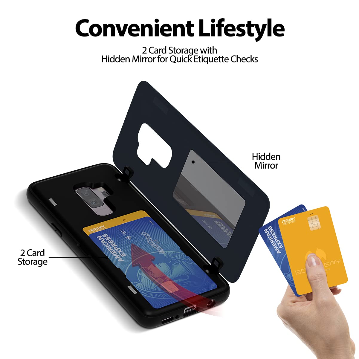 GOOSPERY Magnetic Wallet Case for Samsung Galaxy S9 Plus (2018) - Dual Layer Protective Bumper Cover with Hidden Mirror & Card Holder - Midnight Blue - Perfect for Work, Travel and Everyday Use