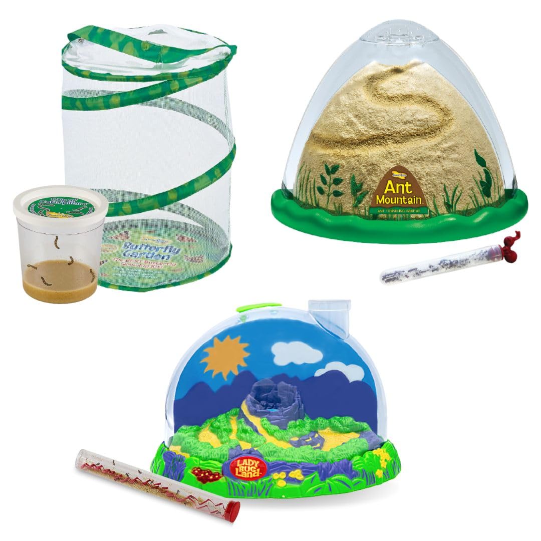 Insect Lore Bug Camp Bundle - Live Caterpillars Butterfly Kit, Ladybug Land with Live Larvae, Ant Mountain with Live Harvester Ants | STEM Educational Toys for Kids | Perfect for Classroom Science Projects & Backyard Exploration