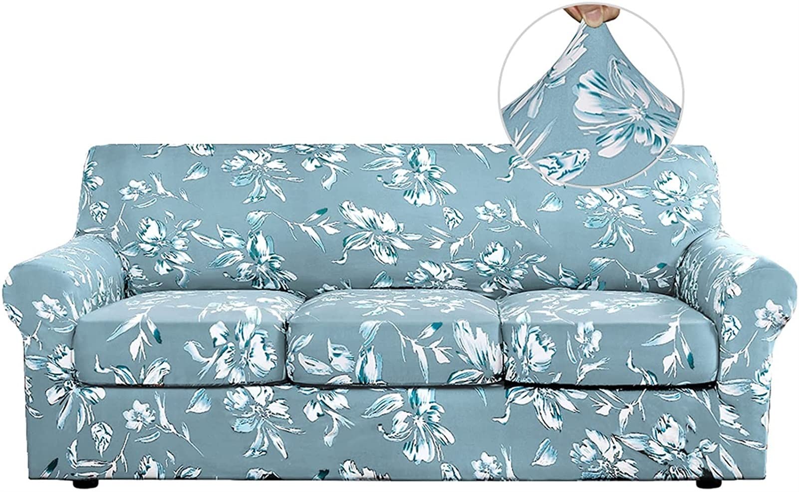 BANGDIAN Super Stretch Printed Sofa Covers Slipcovers - Soft Thick Bouncy Modern Style with Individual Cushion Covers - Aqua Color 3 Seater - Perfect for Living Room, Family Room & Home Decor Protection