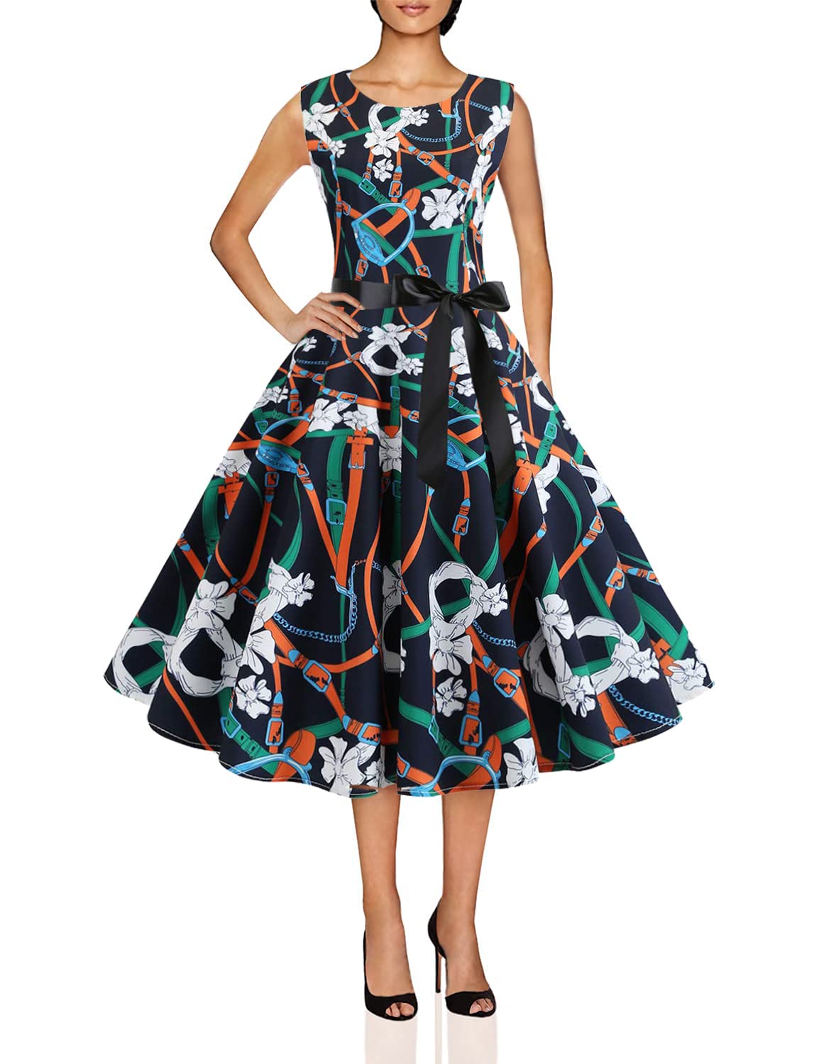 Vintage Floral Swing Dress for Women - Sleeveless Off Shoulder Party Prom Dress, Mini/Maxi/Midi Length, Retro Pleated Tank Print with Sequin Details - Perfect for Cocktail Parties, Weddings & Special Occasions