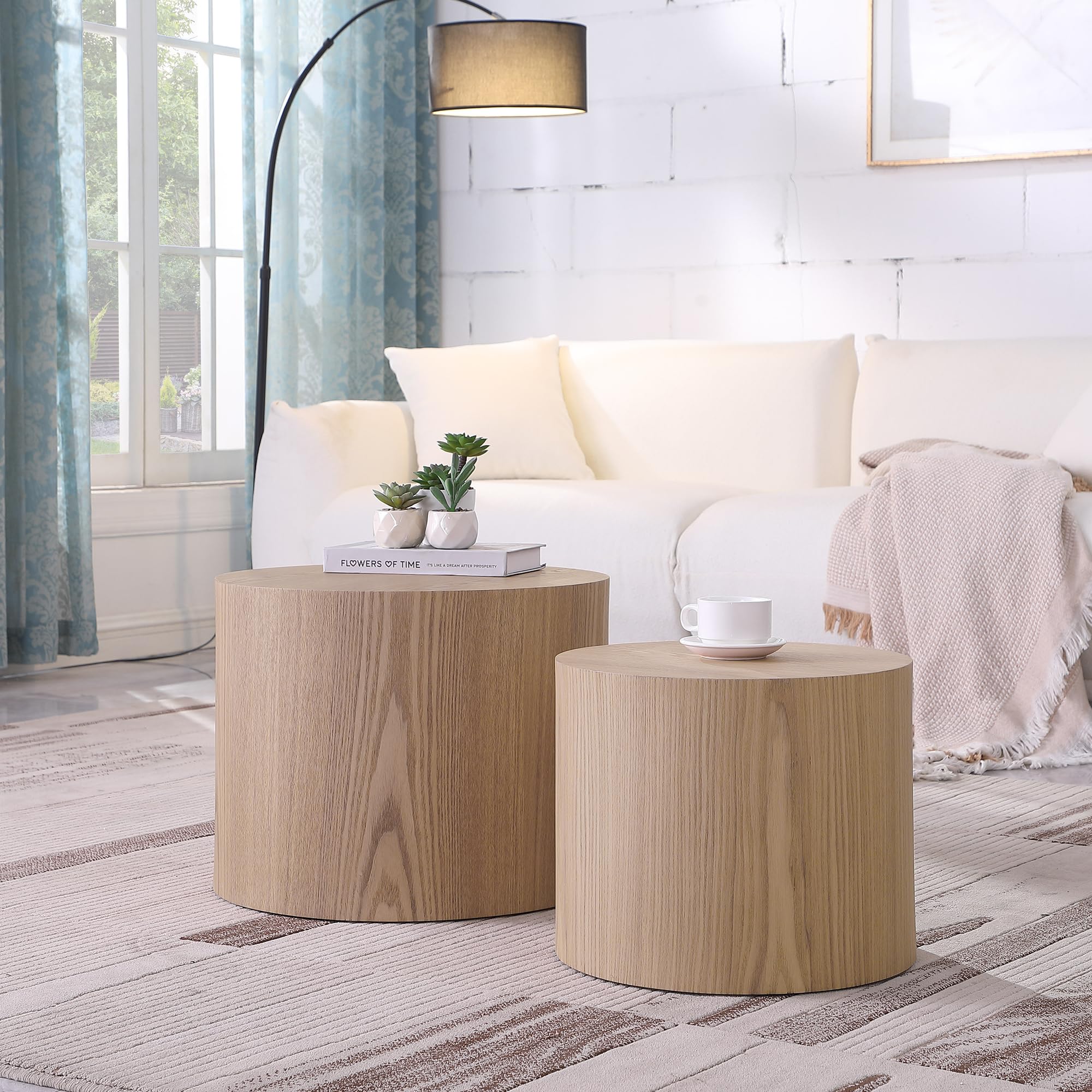 Round Coffee Table Set of 2 - Nesting Wooden Drum Side Tables for Living Room & Office | No Assembly Needed | Perfect for Small Spaces, Coffee Nooks & Lounge Areas