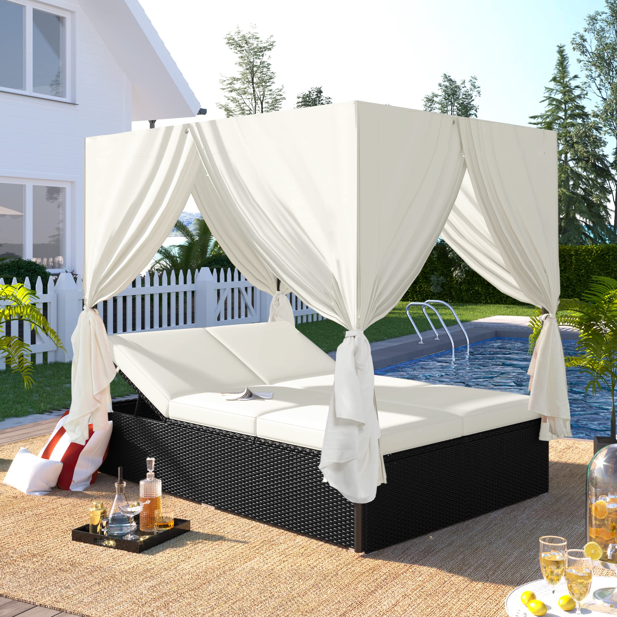 Outdoor Patio Chaise Lounge with Retractable Canopy - Rattan Sun Lounger Daybed & Loveseat Sofa Set - Perfect for Poolside, Garden, or Backyard Relaxation