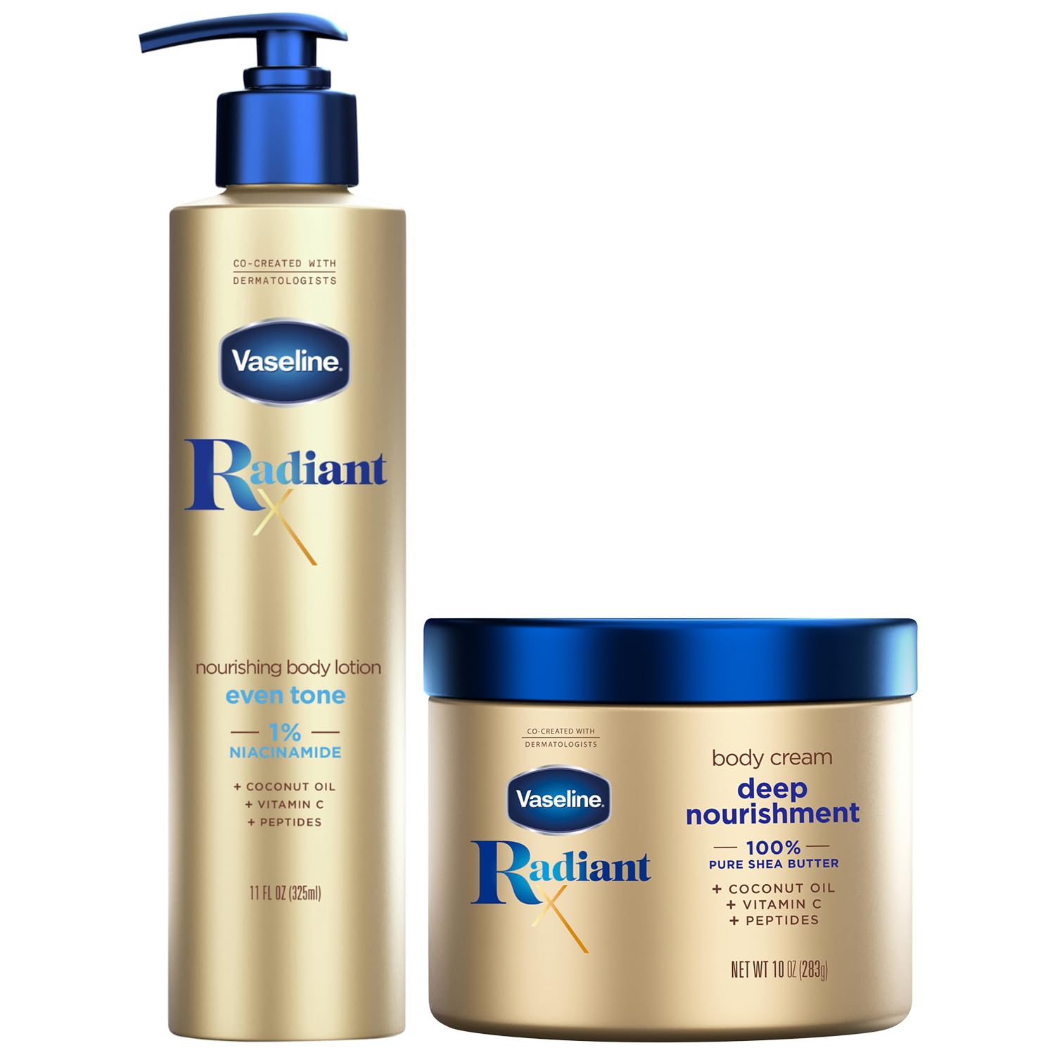 Vaseline Radiant X Skin Care Set – Even Tone Nourishing Body Lotion with 1% Niacinamide + Deep Nourishment Body Cream with Shea Butter & Vitamin C (2 Piece Set) | Brightening & Hydrating Skincare Duo for Dry & Dull Skin | Perfect for Daily Moisturizing & Nighttime Repair