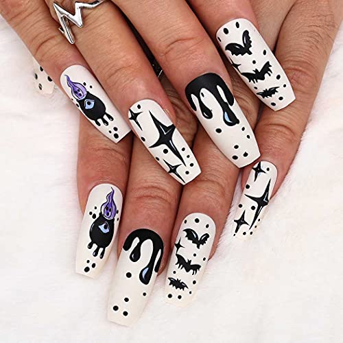 Outyua 24Pcs Halloween Press on Nails - Matte Coffin Fake Nails with Star & Bat Designs, Extra Long Acrylic Full Cover Stick on Nails for Women & Girls (White Ghost) - Perfect for Halloween Parties, Cosplay & Spooky Nail Art