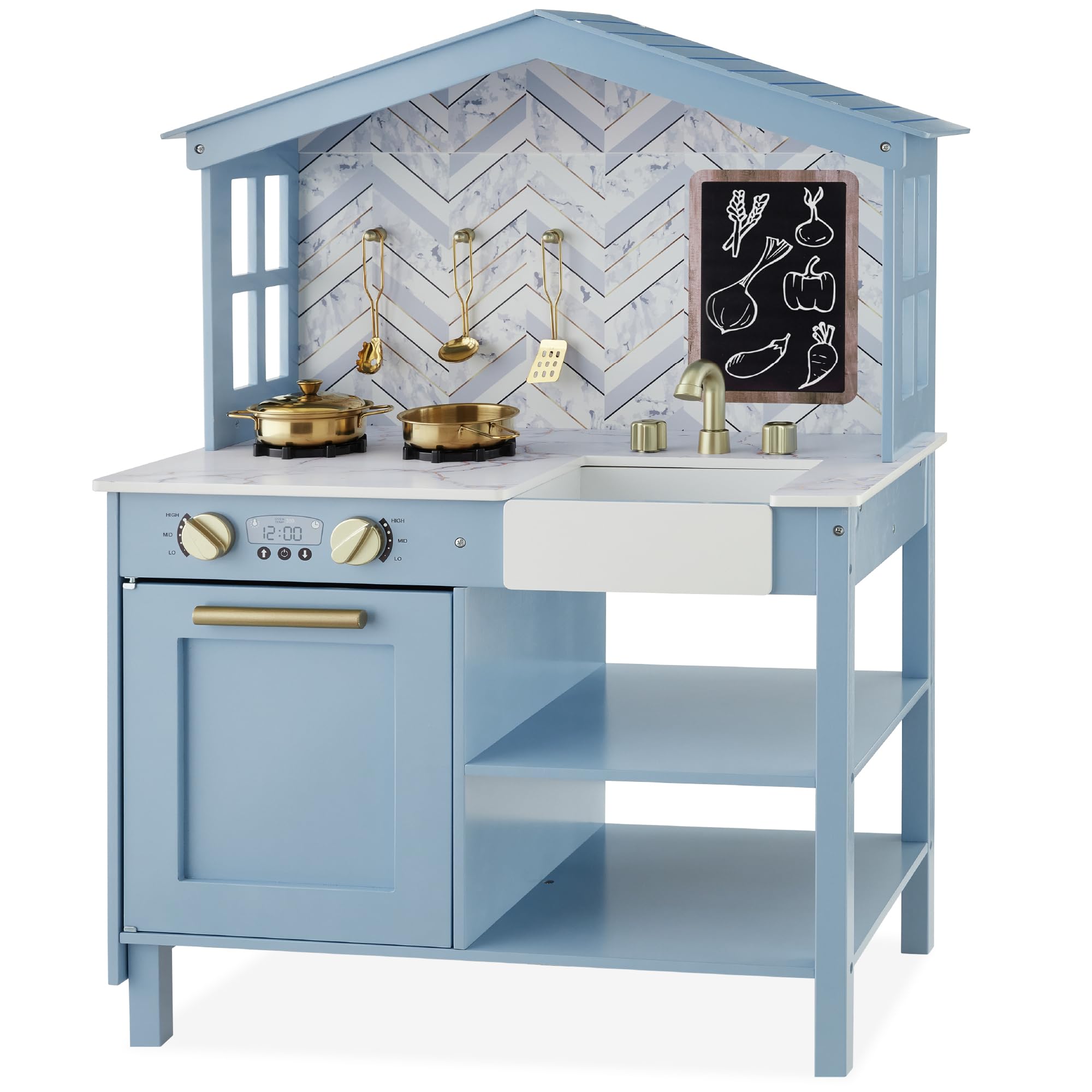 Best Choice Products Wooden Farmhouse Play Kitchen Toy for Kids - Pretend Play Set with Chalkboard, Marble Backdrop, Windows & Storage Shelves (5 Accessories Included) - Beveled Blue - Perfect for Imaginative Play, Birthday Gifts & Preschool Learning Activities