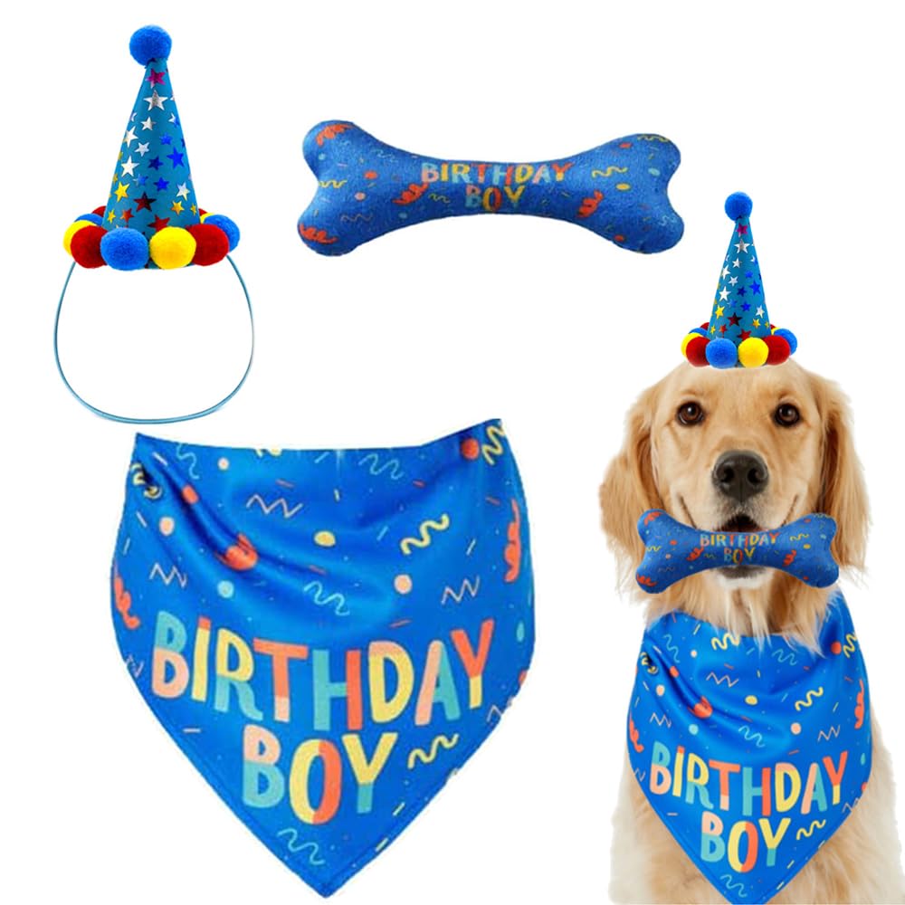 Dog Birthday Bandana & Toy Set - Blue Pet Party Supplies for Large Dogs | Cute Bone Design Bandana, Scarf & Bib Accessories | Perfect for Birthday Celebrations, Photo Shoots & Special Occasions