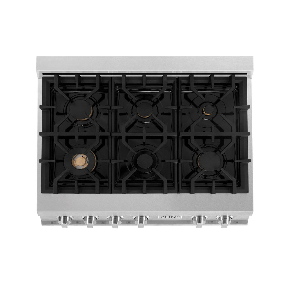 ZLINE 36 Inch 6-Burner Gas Rangetop with Brass Burners & Porcelain Cooktop - Satin Stainless Steel (RTS BR 36) | Professional Kitchen Stove for Home Chefs & Cooking Enthusiasts