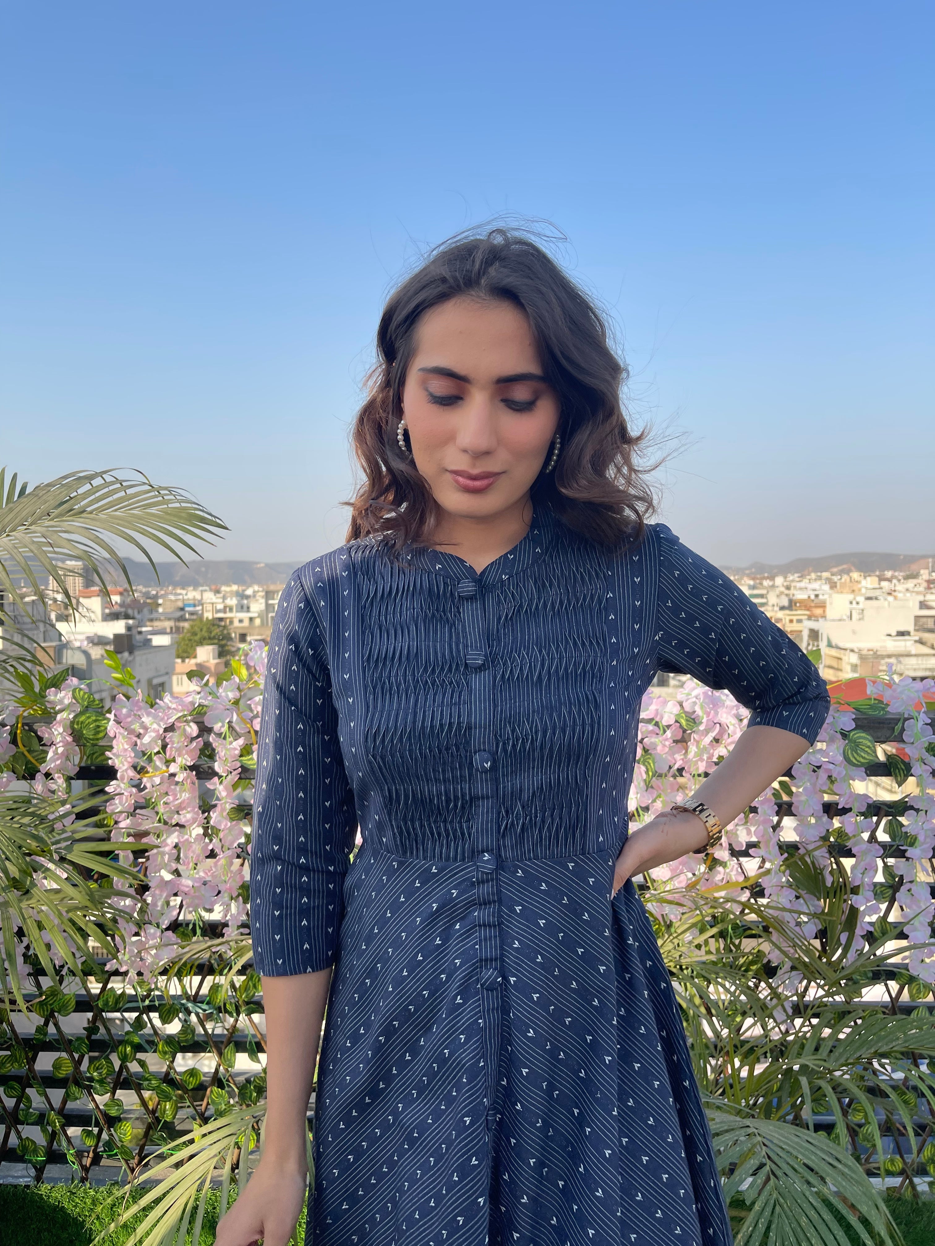 Blue Yoke Pleated Cotton Dress for Women - Summer Casual & Office Wear - Comfortable & Stylish Midi Dress