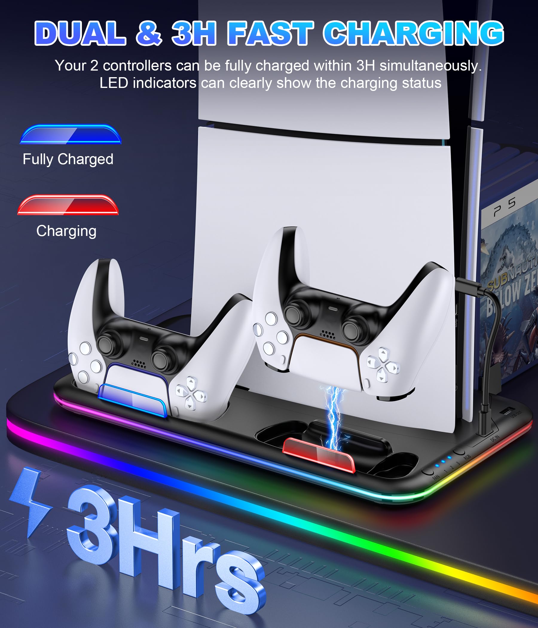 PS5 Cooling Stand with RGB Lights & Dual Controller Charger - 3-Speed Cooling Fan for PlayStation 5 Slim/Disc/Digital Edition | Includes Headset Holder & 15 Game Storage Slots - Perfect for Gaming Setup & Accessories Organization