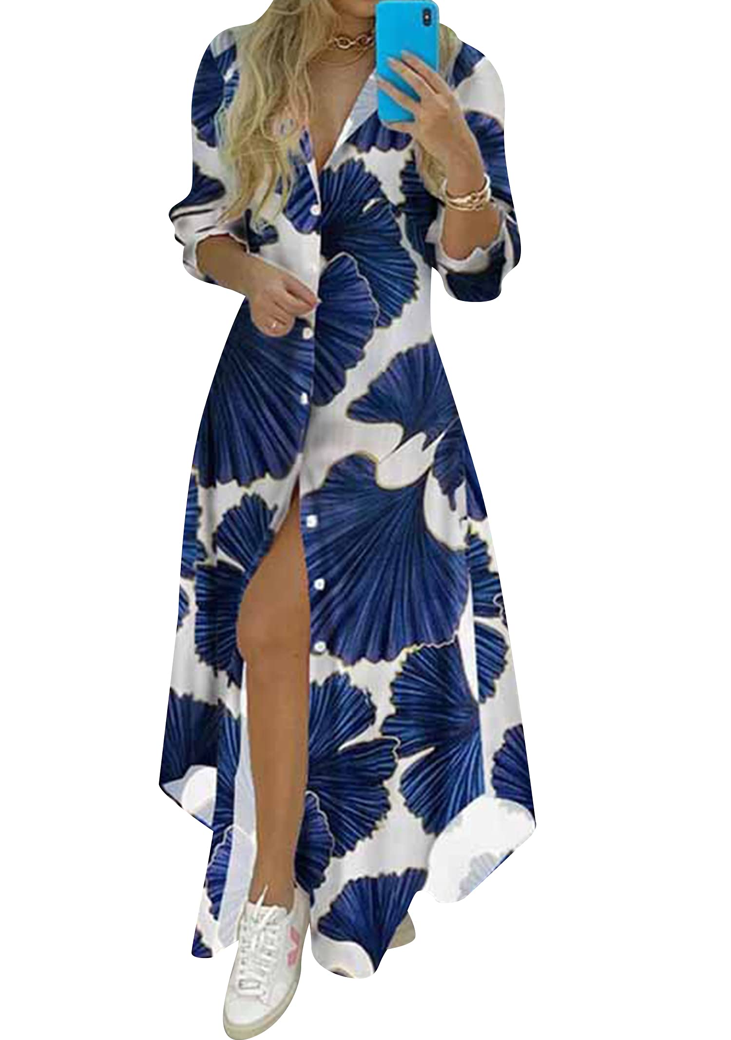 YMING Women's Long Sleeve Floral Print Button Down Maxi Dress - Casual Loose Fit Split Blouse Shirt Dress for Work, Date Night & Spring Outfits