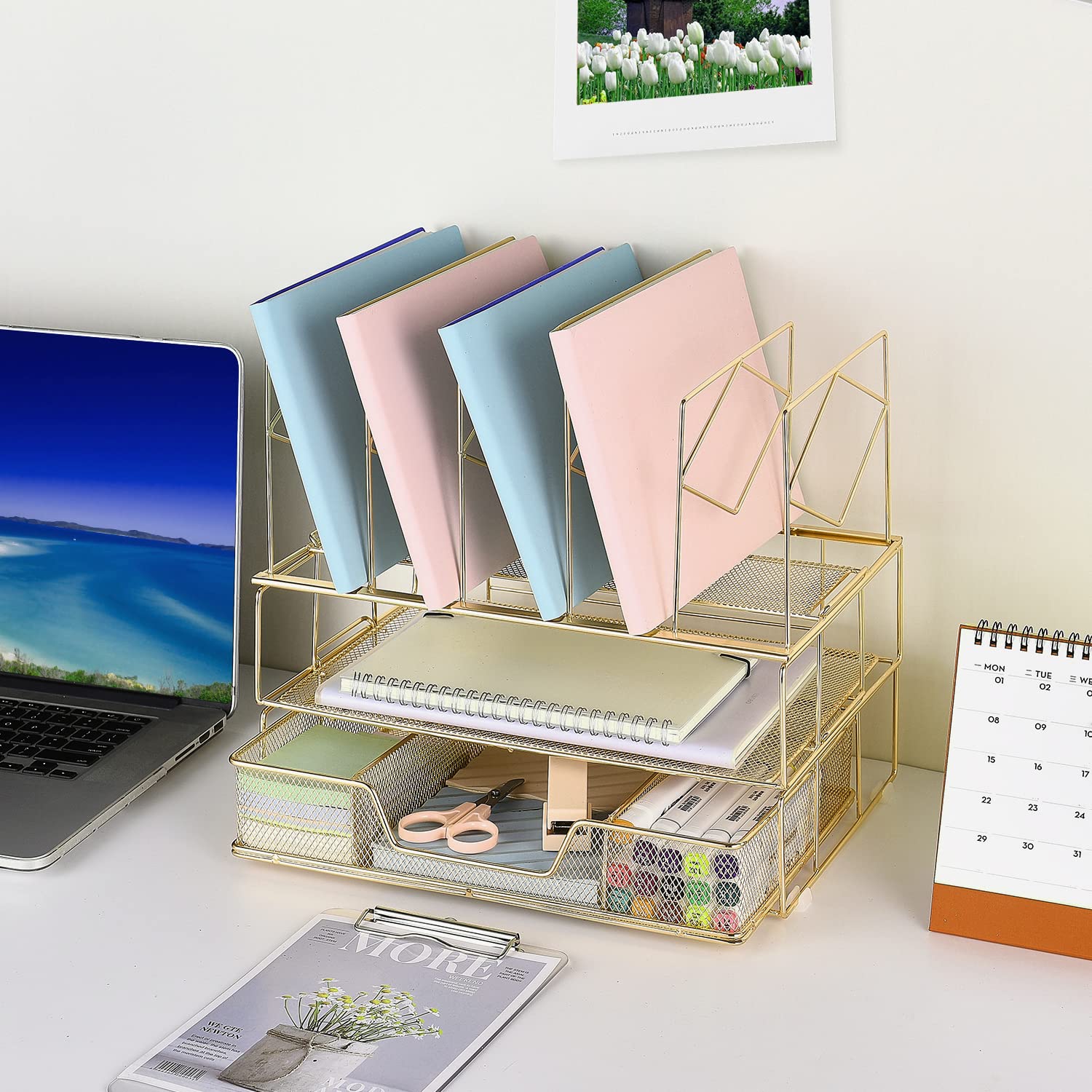Premium Gianotter Office Catalog Racks - 5-Compartment Gold Desk Organizer for Files, Magazines & Office Supplies - Perfect for Home, Office & Workspace Organization