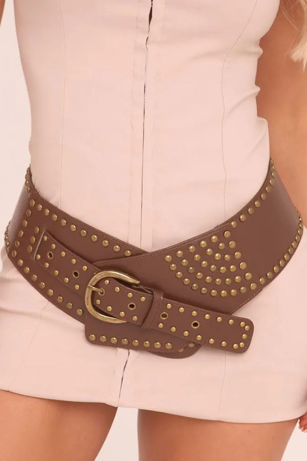 Vintage Faux Leather Wide Belt with Rivet Pin Buckle - Stylish Waist Cincher for Women's Retro Outfits, 80s Costume & Boho Fashion Accessories