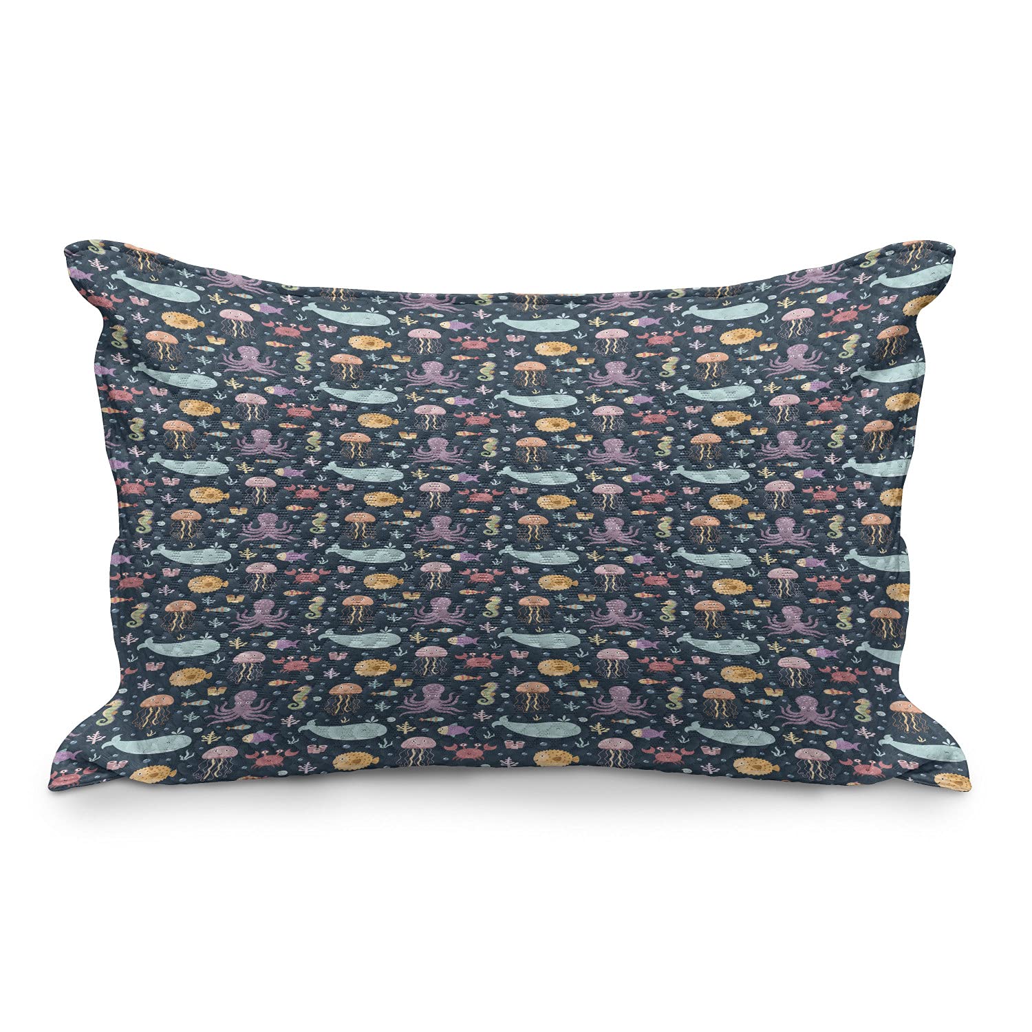 Ambesonne Cartoon Quilted Pillow Cover - Colorful Jellyfish, Whale, Octopus & Crab Ocean Theme Design - Standard Queen Size 30