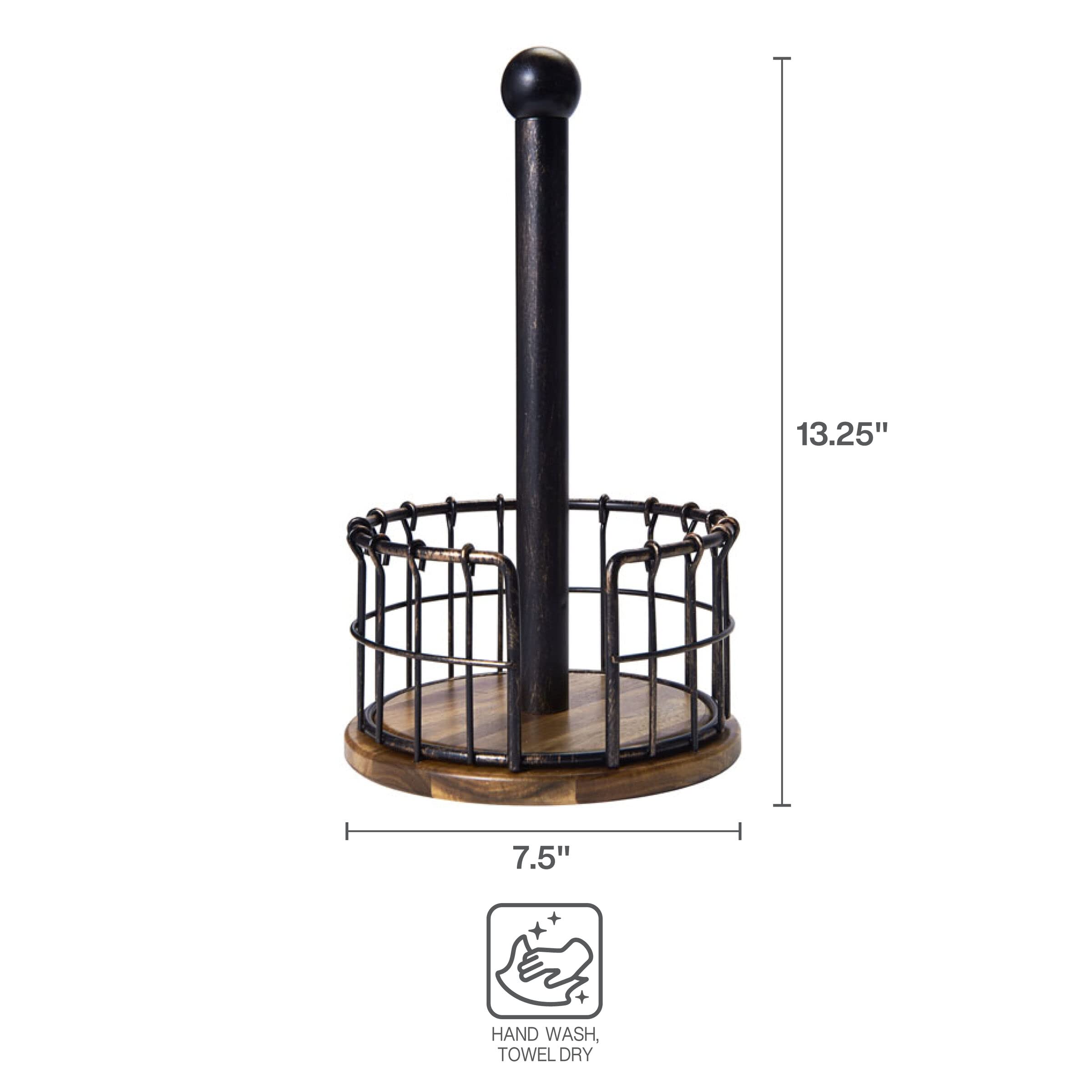 Pfaltzgraff Anvil 13.25-Inch Antique Black Wire & Acacia Wood Paper Towel Holder - Rustic Kitchen Decor for Countertop, Farmhouse & Modern Homes