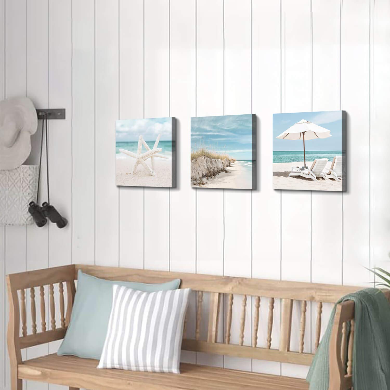 Coastal Canvas Wall Art Print - Set of 3 Starfish & Beach Chair Paintings (12x12 Inch) for Beach House Decor, Living Room & Bedroom Wall Decor | Nautical Themed Home Artwork