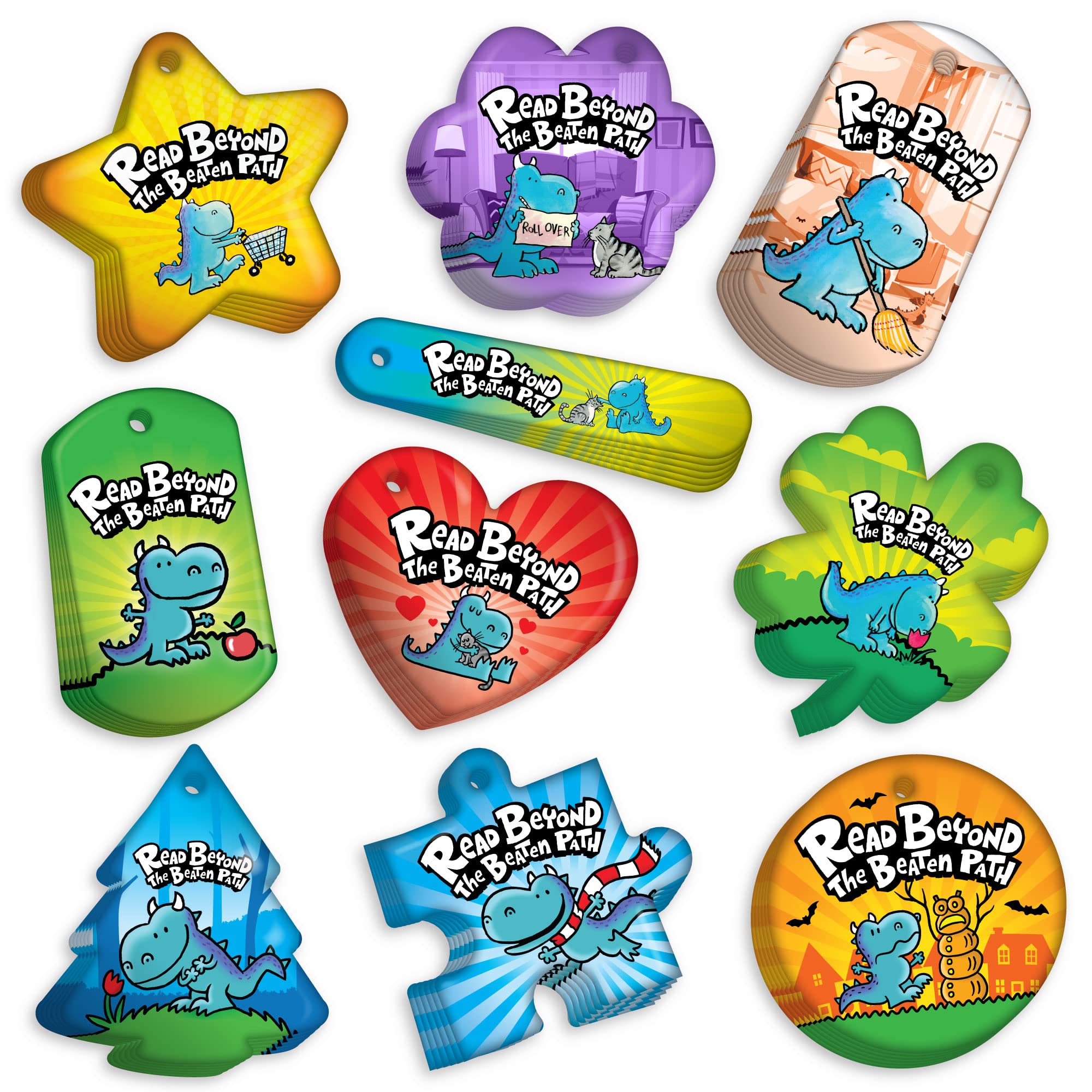 iRead Summer Reading Program 'Read Beyond The Beaten Path' DAV PILKEY Illustrated Reading Brag Tag Value Pack - 500 Motivational Reward Tags (50 per Design) with 150 Hypoallergenic Aluminum Safety Chains | Perfect for Classroom Incentives, Summer Reading Challenges & Student Achievement Awards