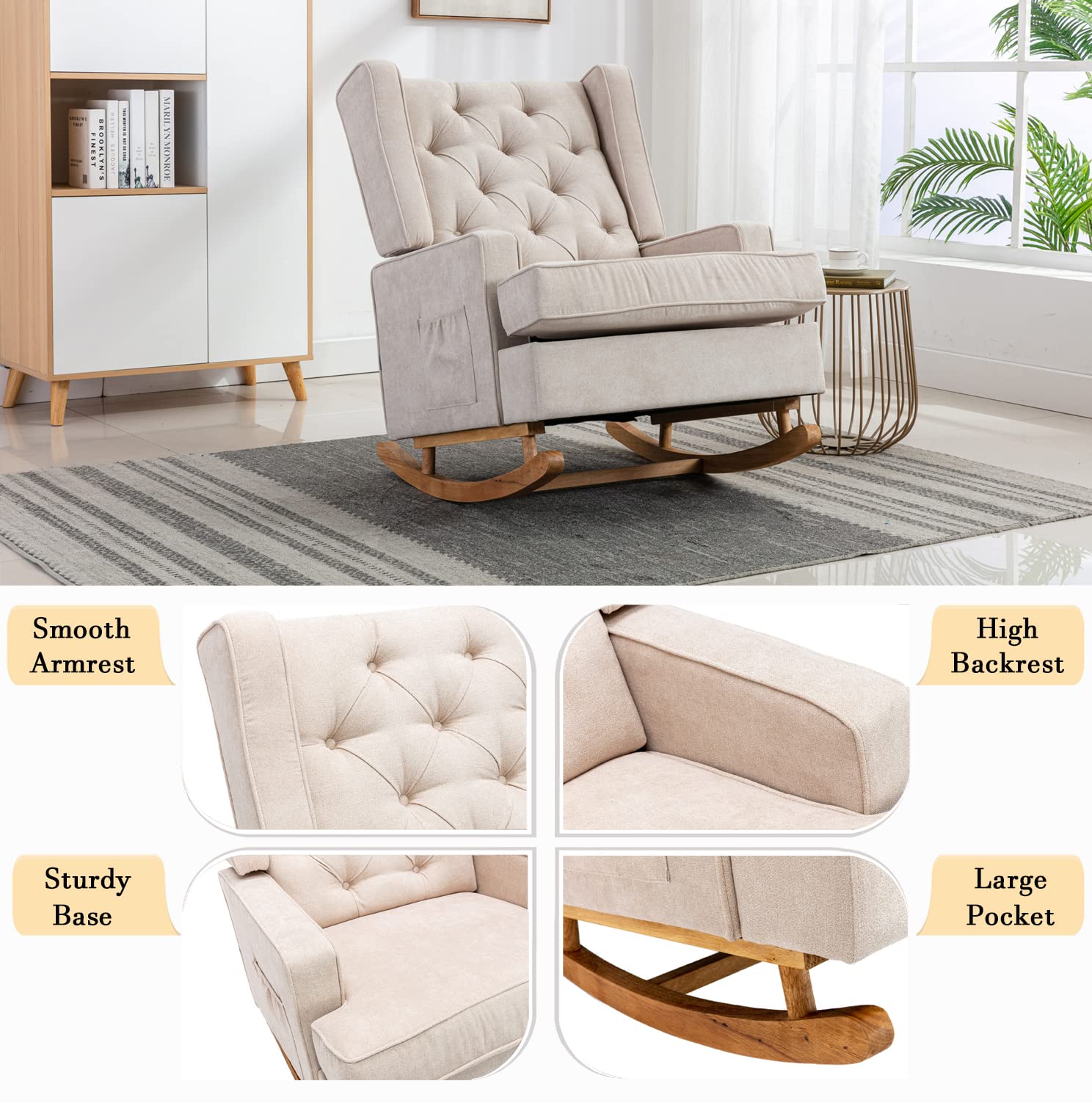 Comfortable Upholstered Rocking Chair for Living Room - Soft Polyester Linen Glider Armchair in Beige - Perfect for Nursery, Bedroom, or Relaxing Reading Corner