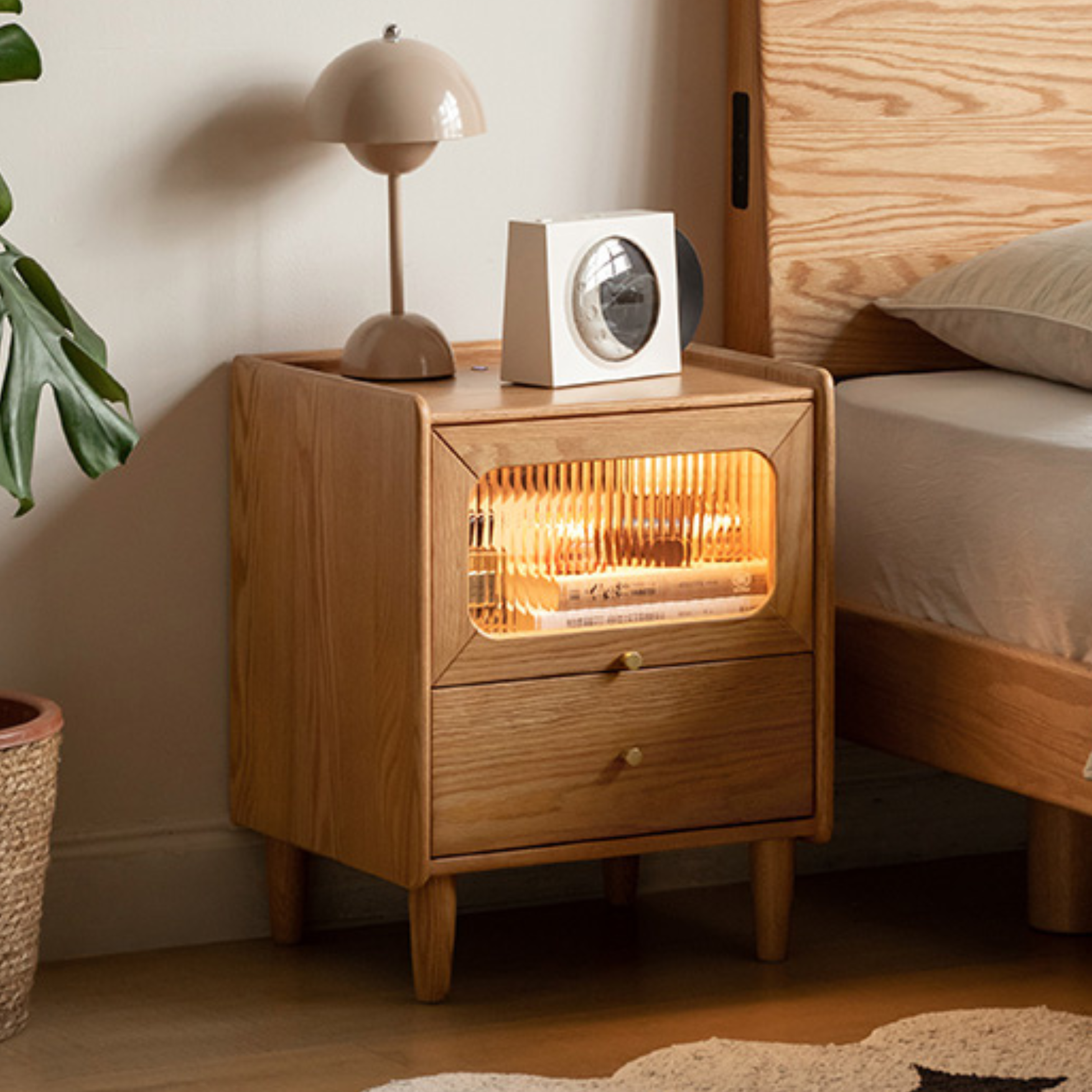 Solid Oak Wood Nightstand with Built-in LED Light - Modern Bedside Table for Bedroom, Living Room, or Office