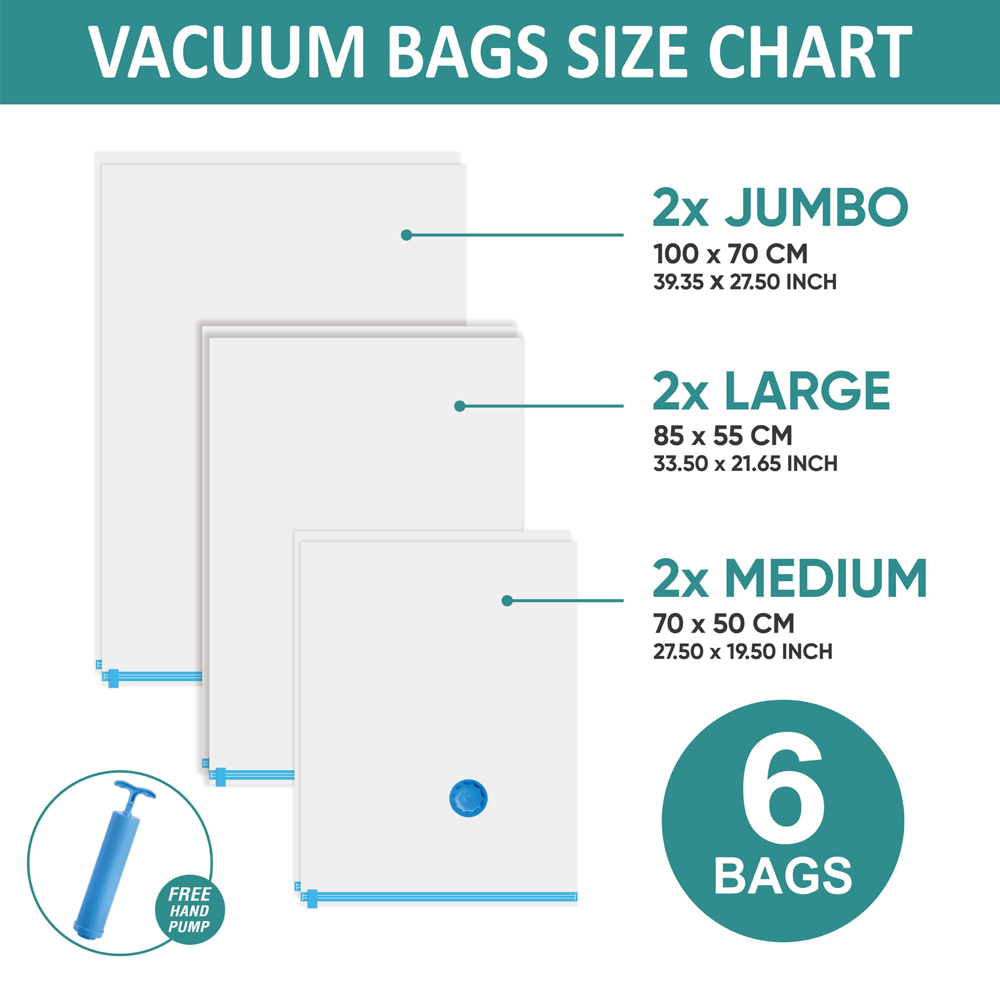 6-Pack Space Saver Vacuum Storage Bags - Jumbo/Large/Medium Sizes with Hand Pump - Sealable Bags for Clothes, Comforters, Pillows, Towels & Blankets | Perfect for Seasonal Storage, Travel & Home Organization