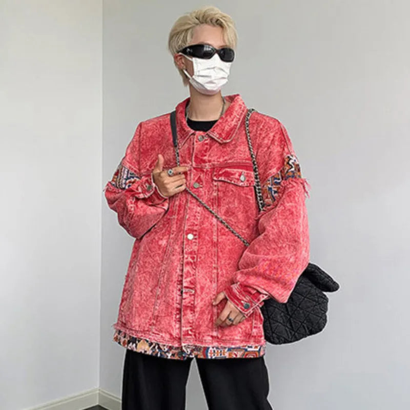 Men's Autumn Denim Jacket - Patchwork Wash, Turn-Down Collar, Single-Breasted Korean Style Coat (9C6649) | Casual Streetwear & Fall Layering Essential