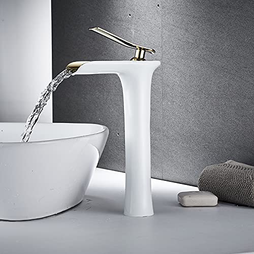 Modern Waterfall Bathroom Vessel Sink Faucet - Single Handle White Gold Finish - Perfect for Contemporary Vanities, Powder Rooms & Spa-Style Bathroom Decor