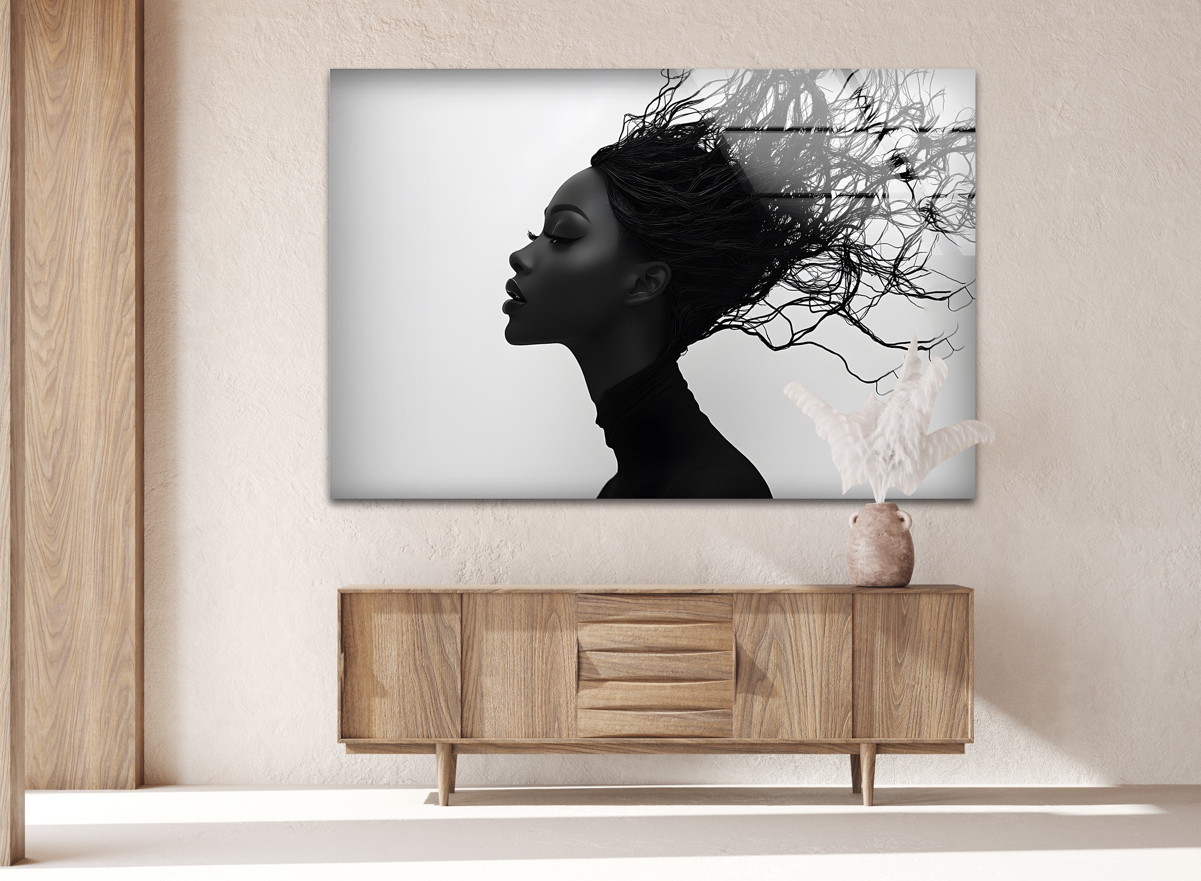 Abstract Black & White Portrait Wall Art - Elegant Woman with Flowing Hair Canvas Print for Modern Home & Office Decor | Living Room, Bedroom, Gallery Wall Display