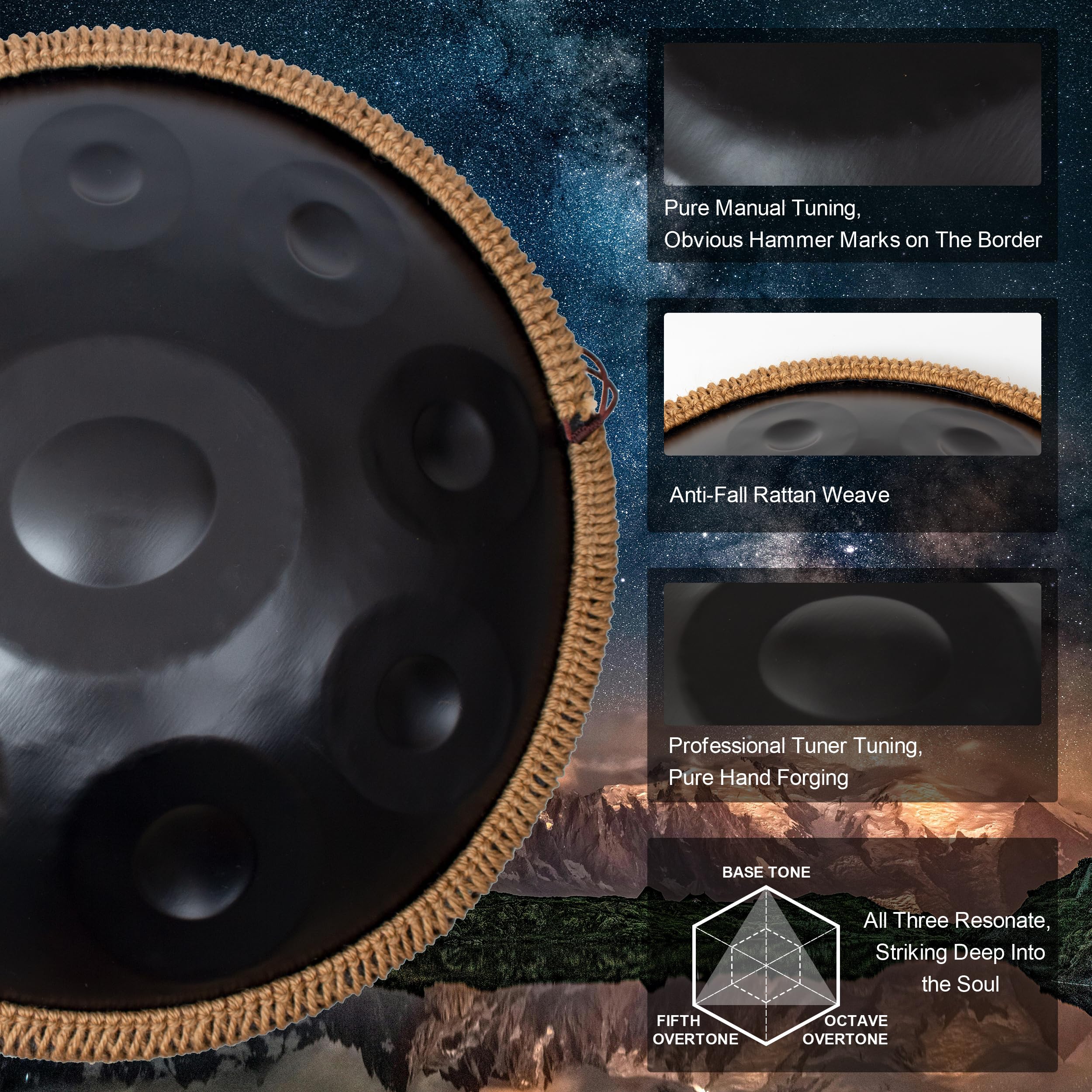 22 Inch D Minor Kurd 9 Notes Handpan Drum - 440Hz Steel Tongue Drum for Beginners, Music Therapy & Meditation | Perfect for Outdoor Performances, Yoga Sessions & Sound Healing (Black)