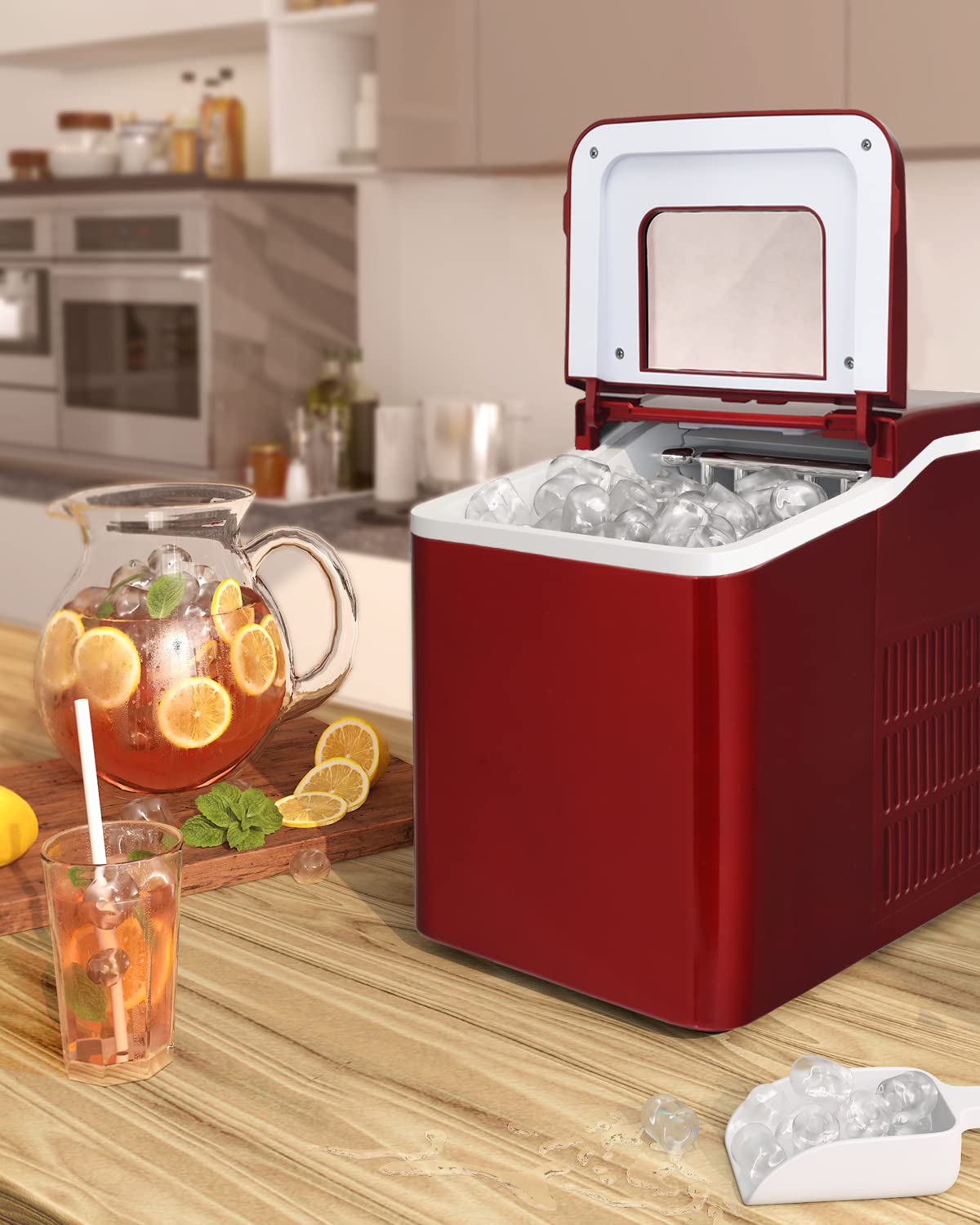 Portable Ice Maker Machine - Countertop Mini Ice Maker with Automatic Cleaning, Scooper & 9 Cubes in 8 Minutes - Perfect for Home, Office, RV & Outdoor Use (Red)