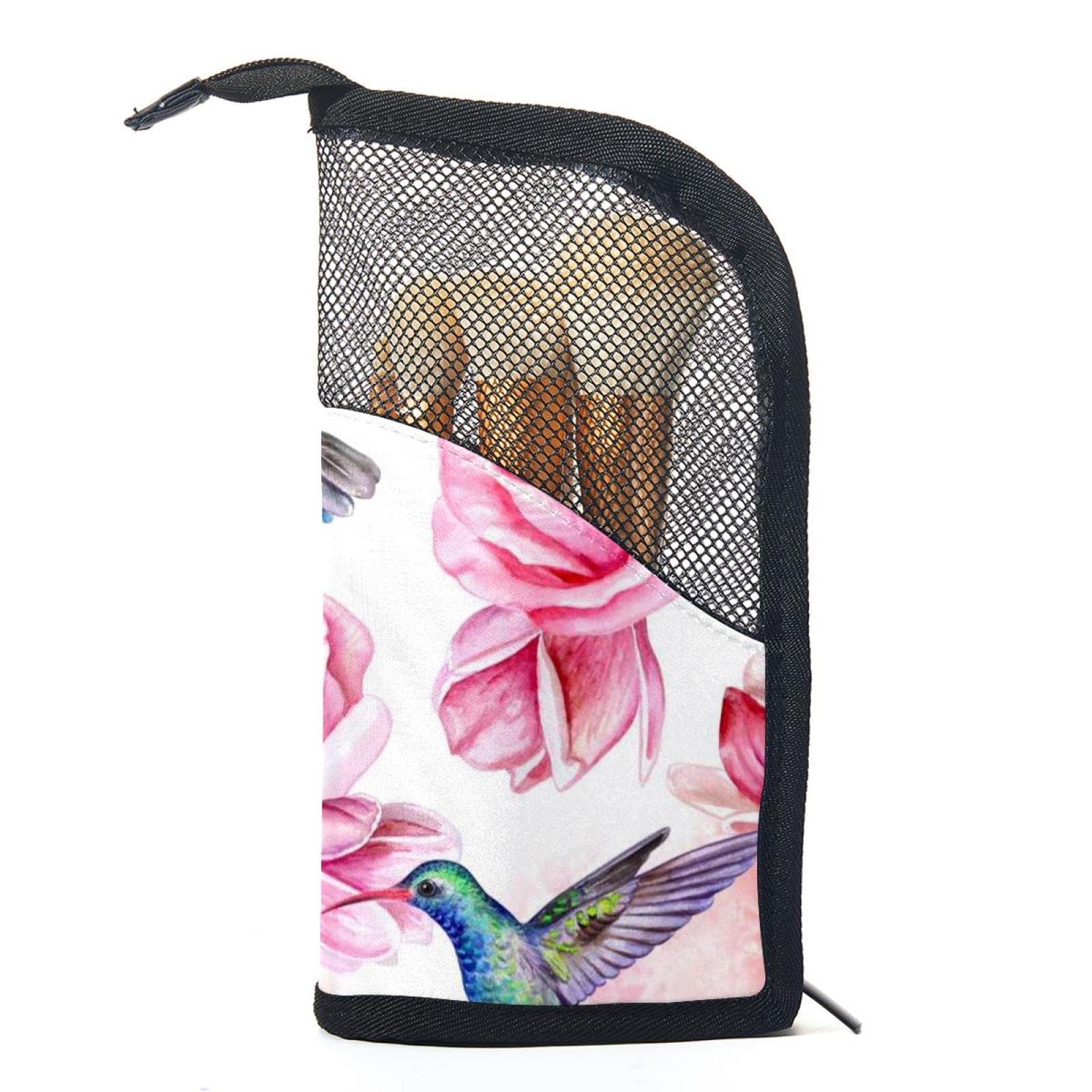 Floral Rose Hummingbird Makeup Brush Organizer Bag with 12 Brushes - Portable Cosmetic Brush Holder Case for Travel, Home Vanity & Professional Makeup Artists